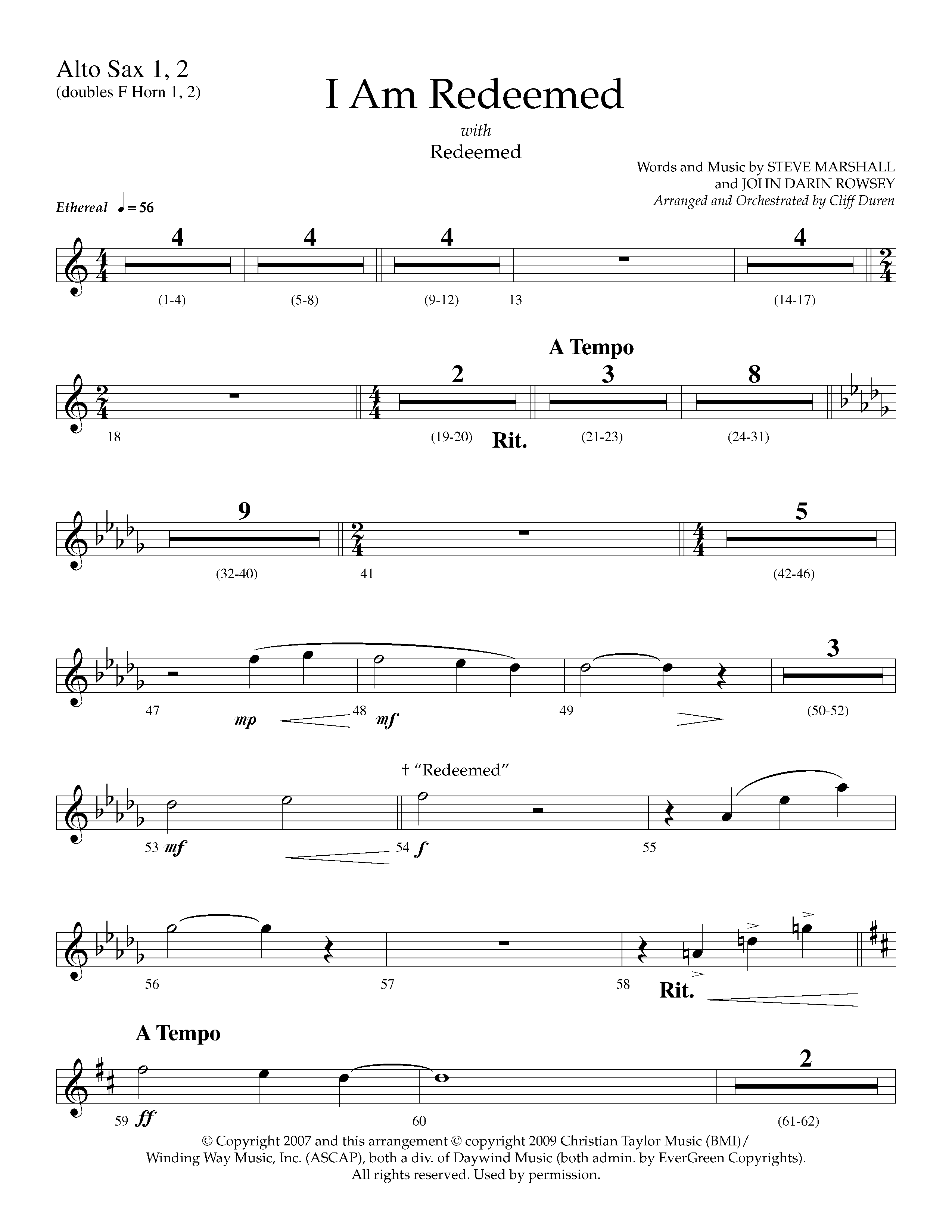 I Am Redeemed (with Redeemed) (Choral Anthem SATB) Alto Sax 1/2 (Lifeway Choral / Arr. Cliff Duren)