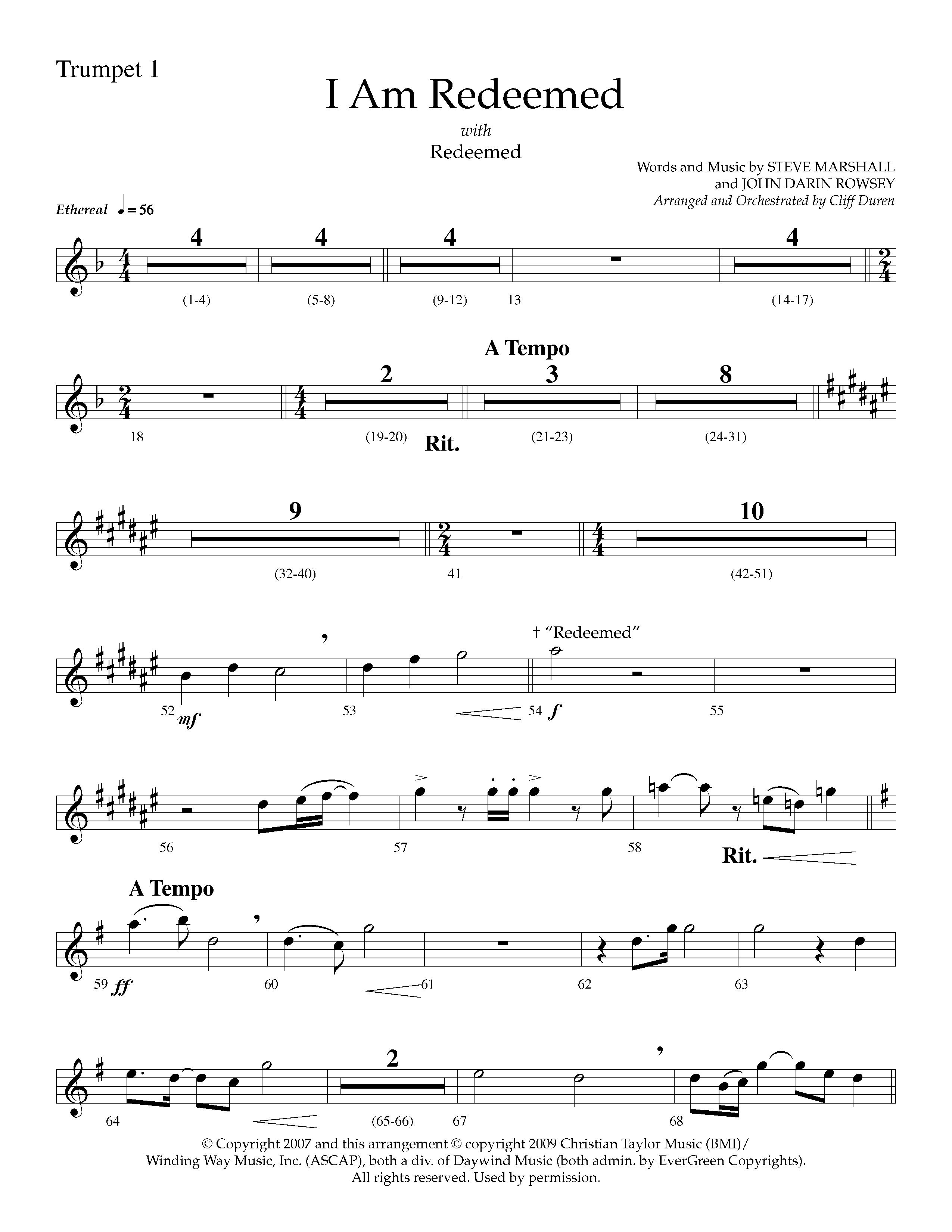 I Am Redeemed (with Redeemed) (Choral Anthem SATB) Trumpet 1 (Lifeway Choral / Arr. Cliff Duren)