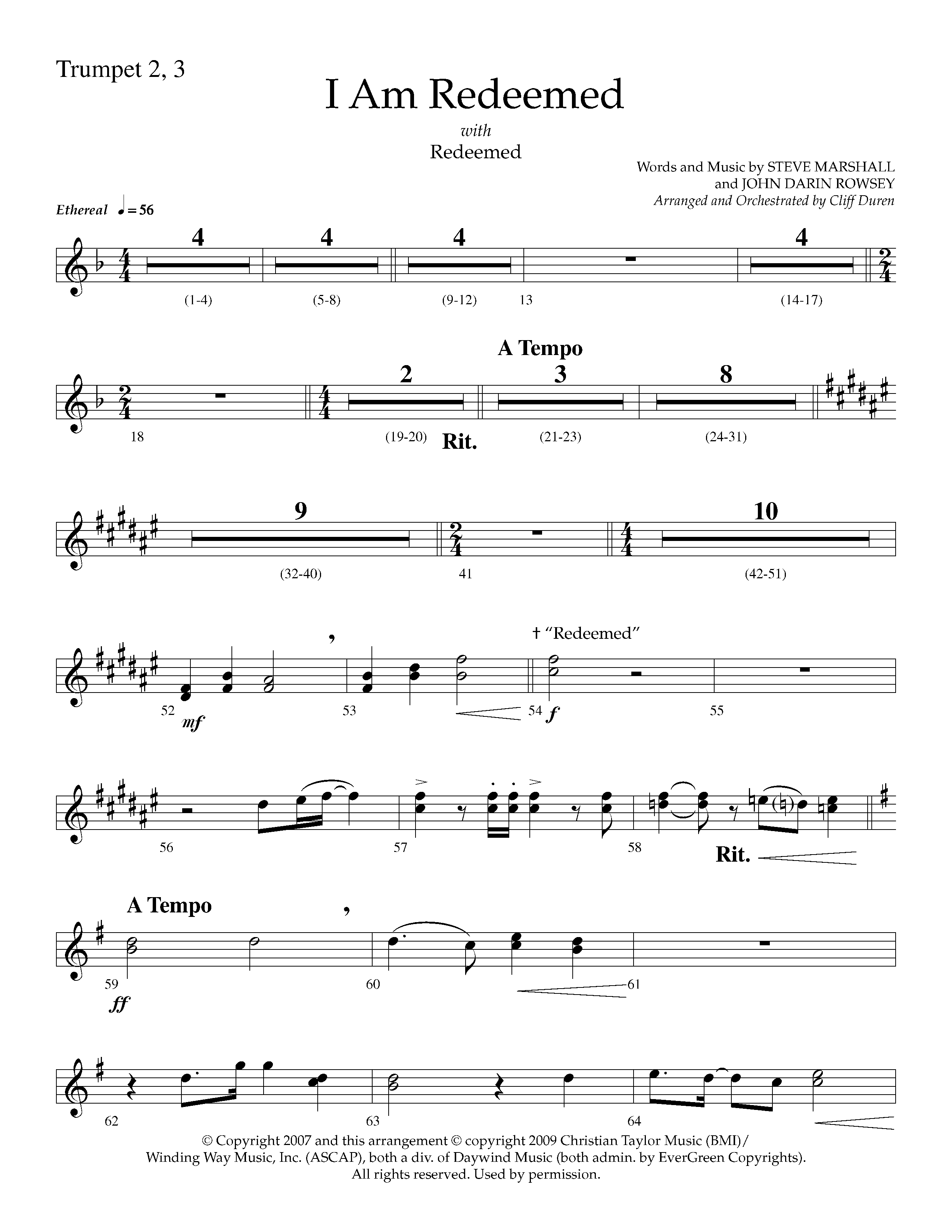 I Am Redeemed (with Redeemed) (Choral Anthem SATB) Trumpet 2/3 (Lifeway Choral / Arr. Cliff Duren)