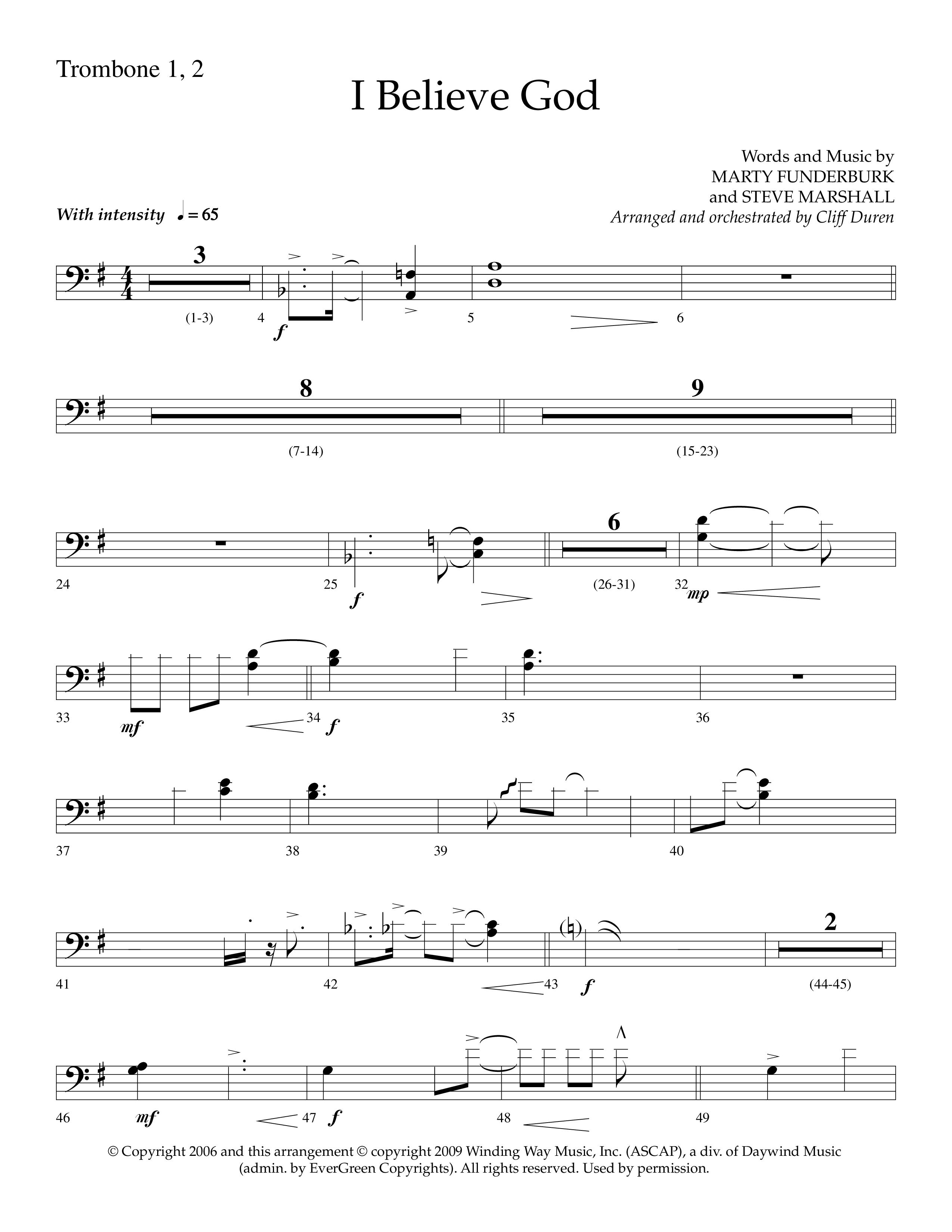I Believe God (Choral Anthem SATB) Trombone 1/2 (Lifeway Choral / Arr. Cliff Duren)