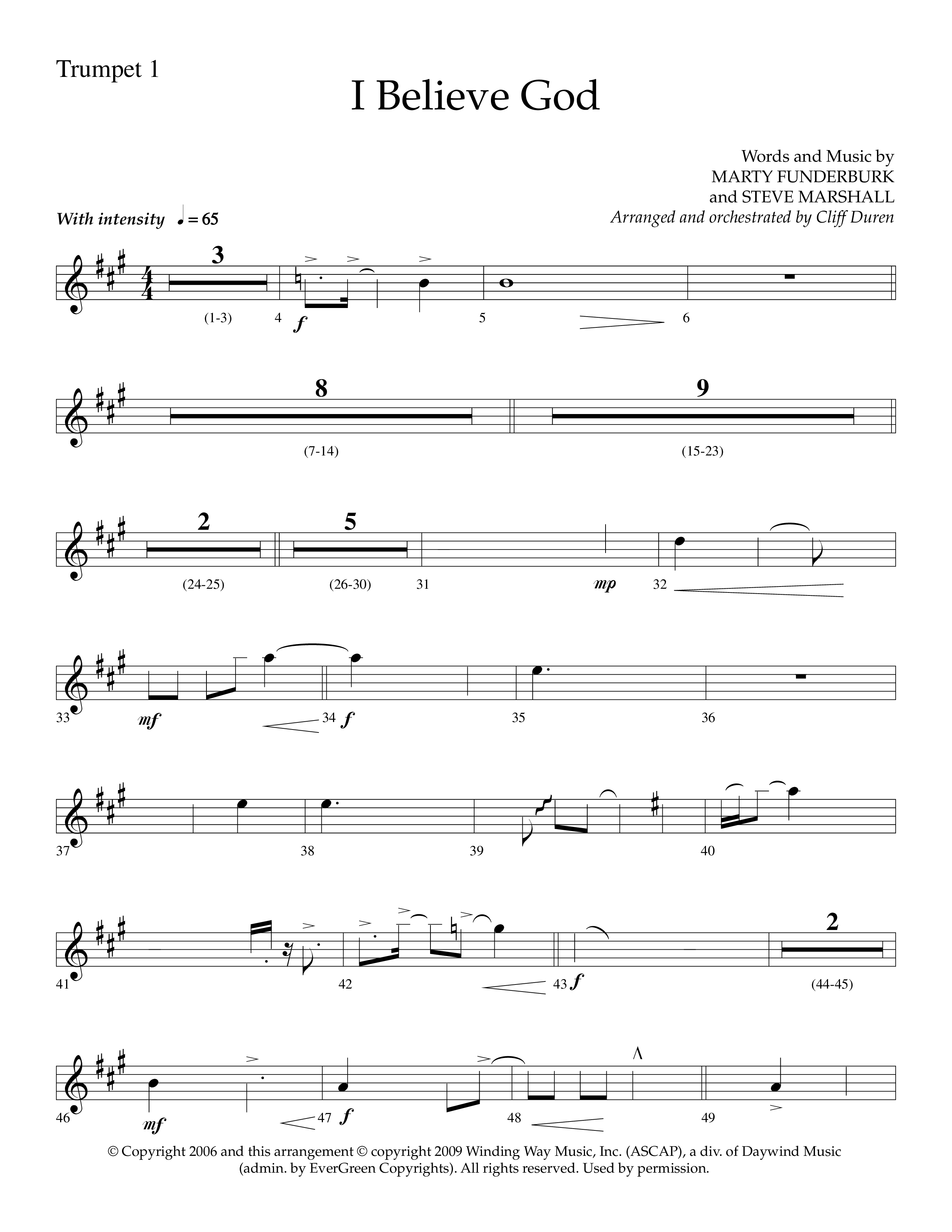 I Believe God (Choral Anthem SATB) Trumpet 1 (Lifeway Choral / Arr. Cliff Duren)