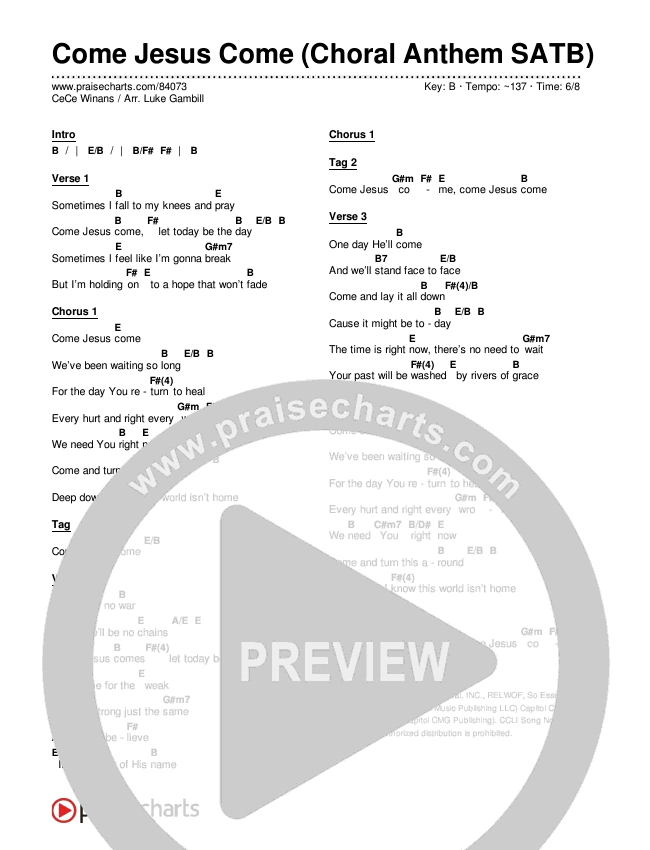 Come Jesus Come (Choral Anthem SATB) Chords & Lyrics (CeCe Winans / Arr. Luke Gambill)