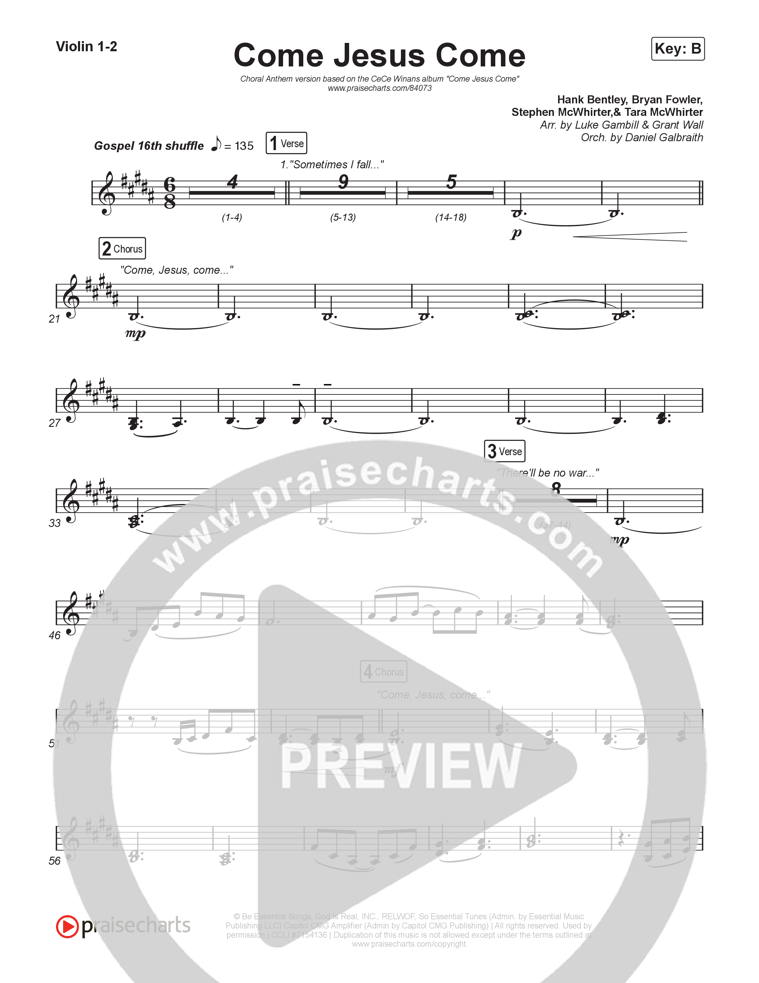 Come Jesus Come (Choral Anthem SATB) Violin 1,2 (CeCe Winans / Arr. Luke Gambill)