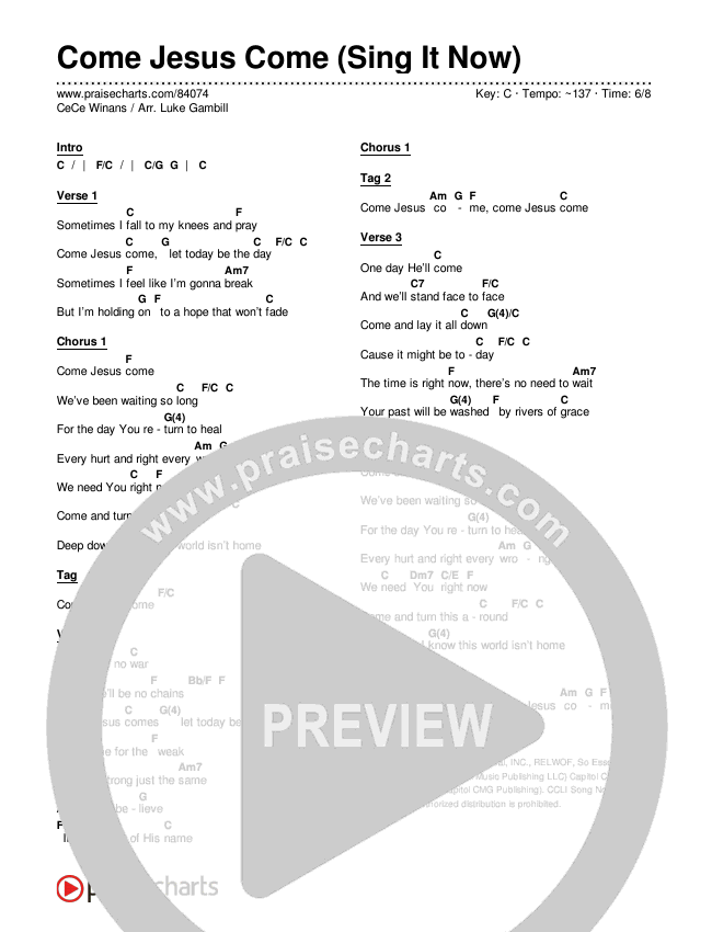 Come Jesus Come (Sing It Now) Chords & Lyrics (CeCe Winans / Arr. Luke Gambill)