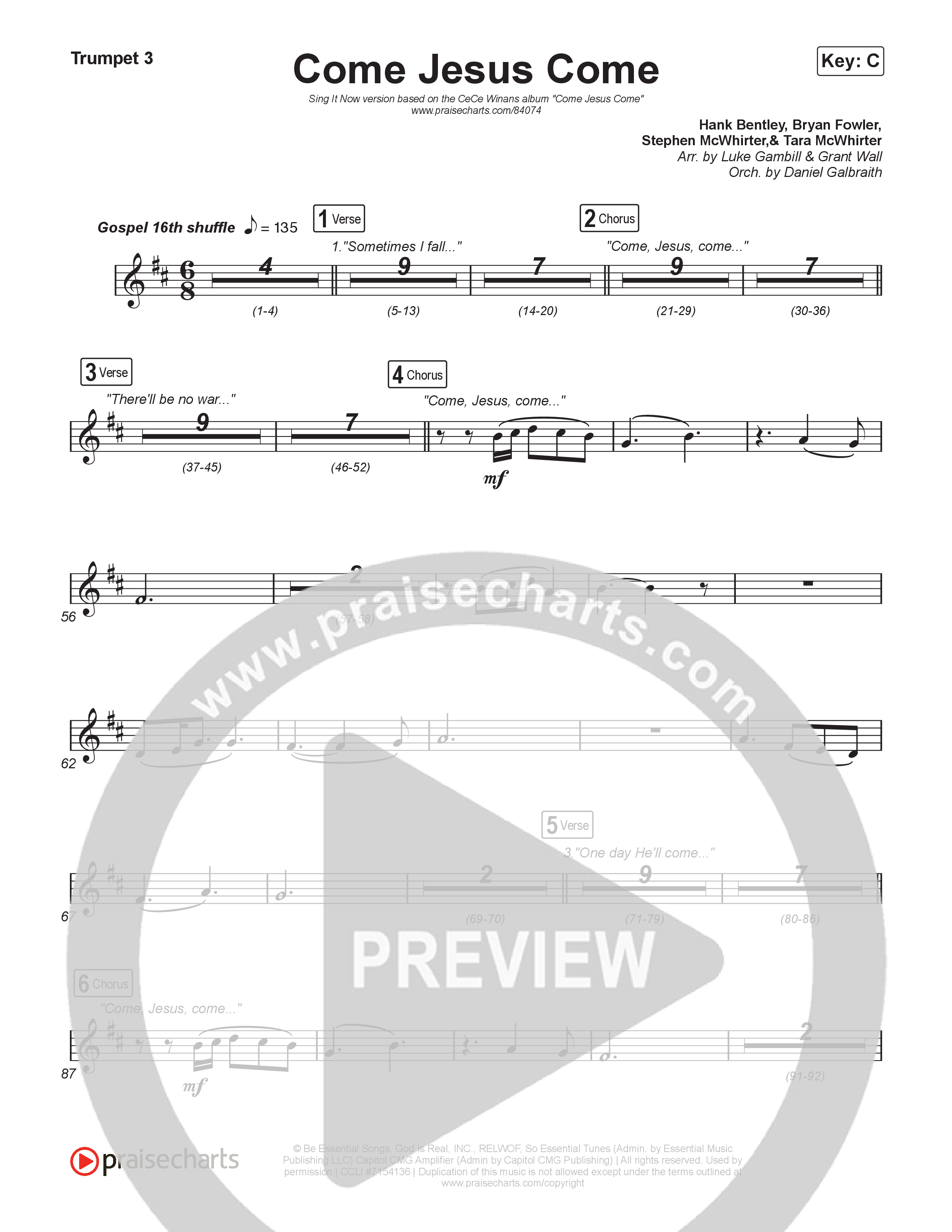 Come Jesus Come (Sing It Now) Trumpet 3 (CeCe Winans / Arr. Luke Gambill)