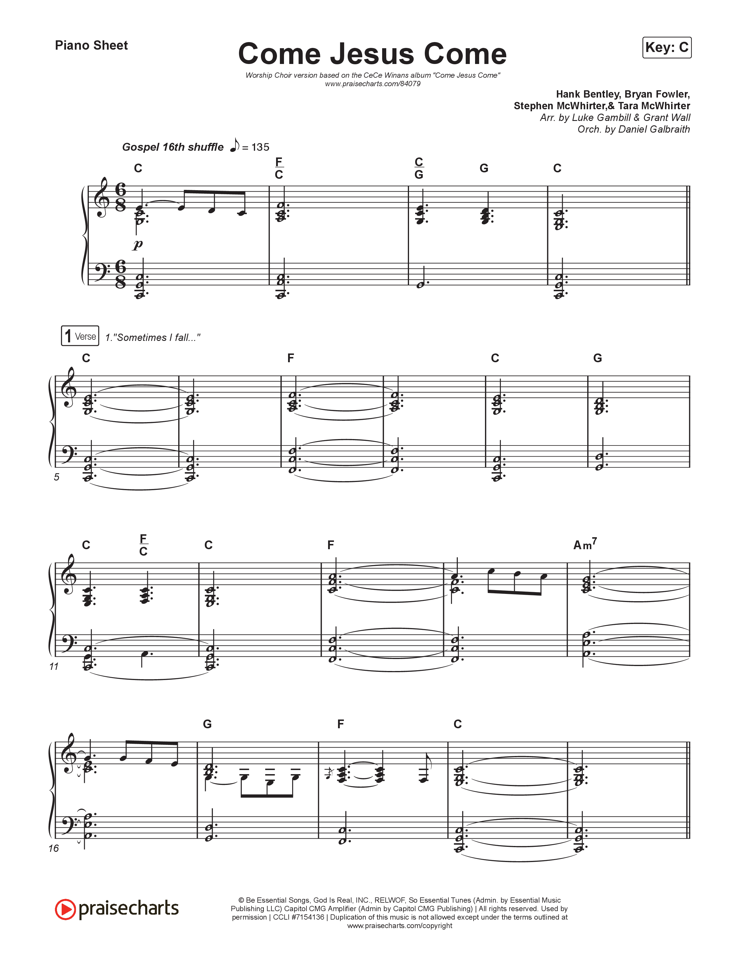 Come Jesus Come (Worship Choir/SAB) Piano Sheet (CeCe Winans / Arr. Luke Gambill)