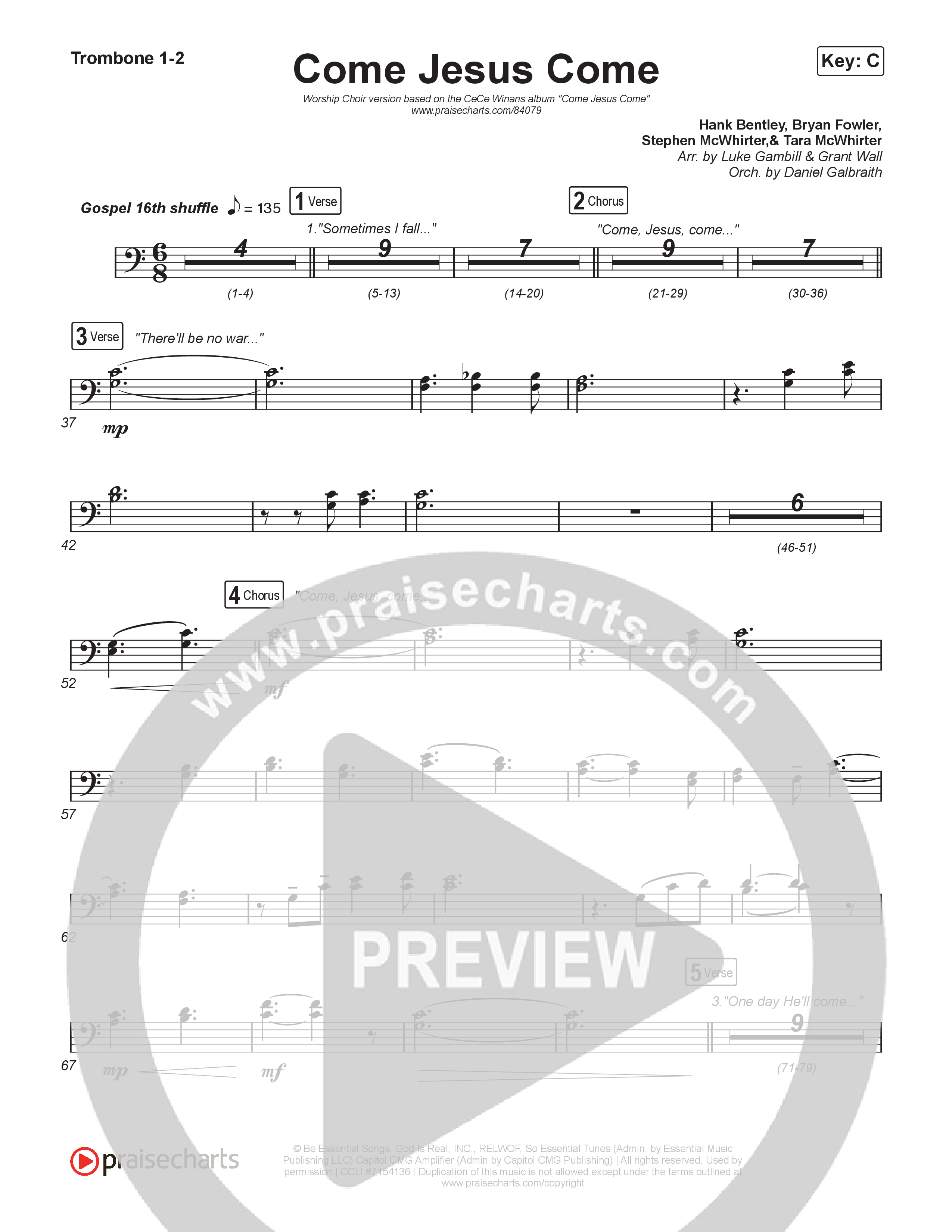 Come Jesus Come (Worship Choir/SAB) Trombone 1/2 (CeCe Winans / Arr. Luke Gambill)