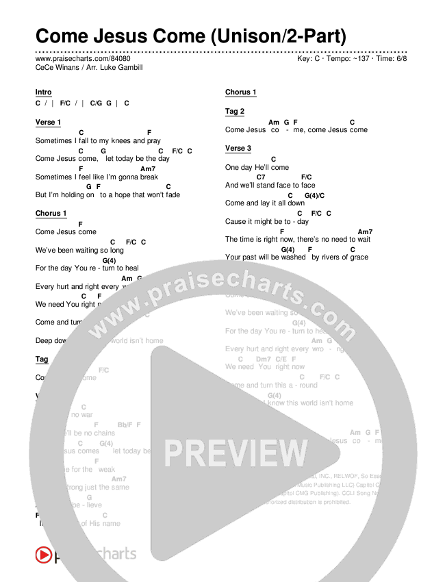 Come Jesus Come (Unison/2-Part) Chords & Lyrics (CeCe Winans / Arr. Luke Gambill)