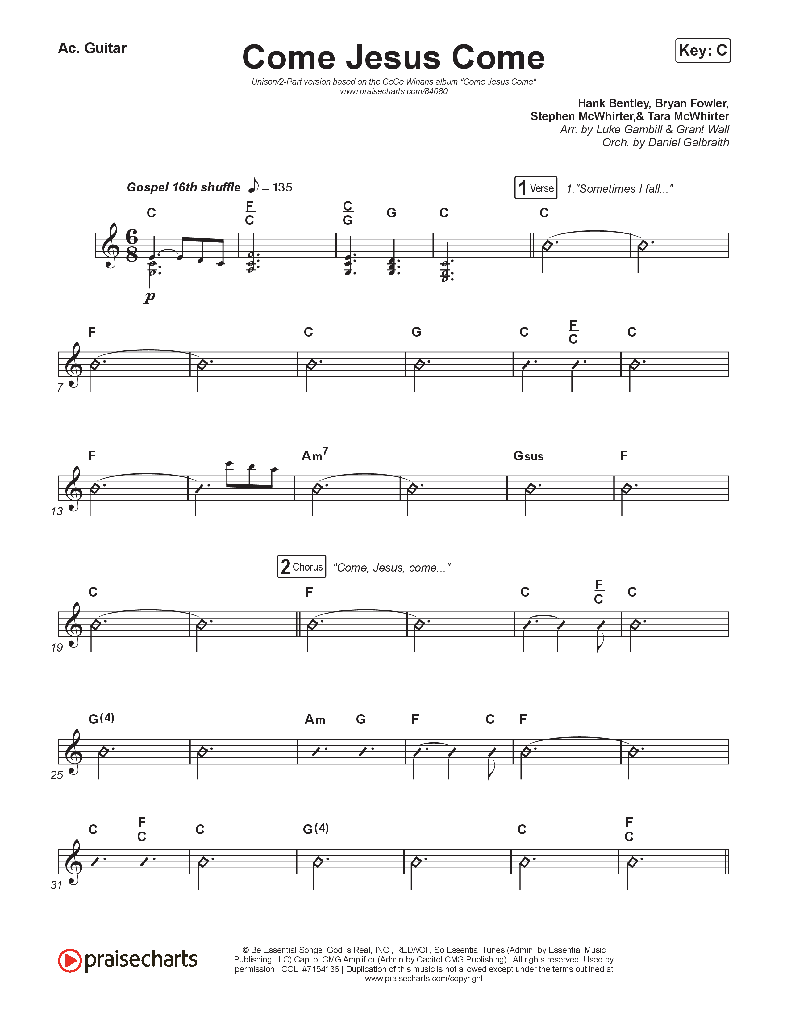 Come Jesus Come (Unison/2-Part) Acoustic Guitar (CeCe Winans / Arr. Luke Gambill)