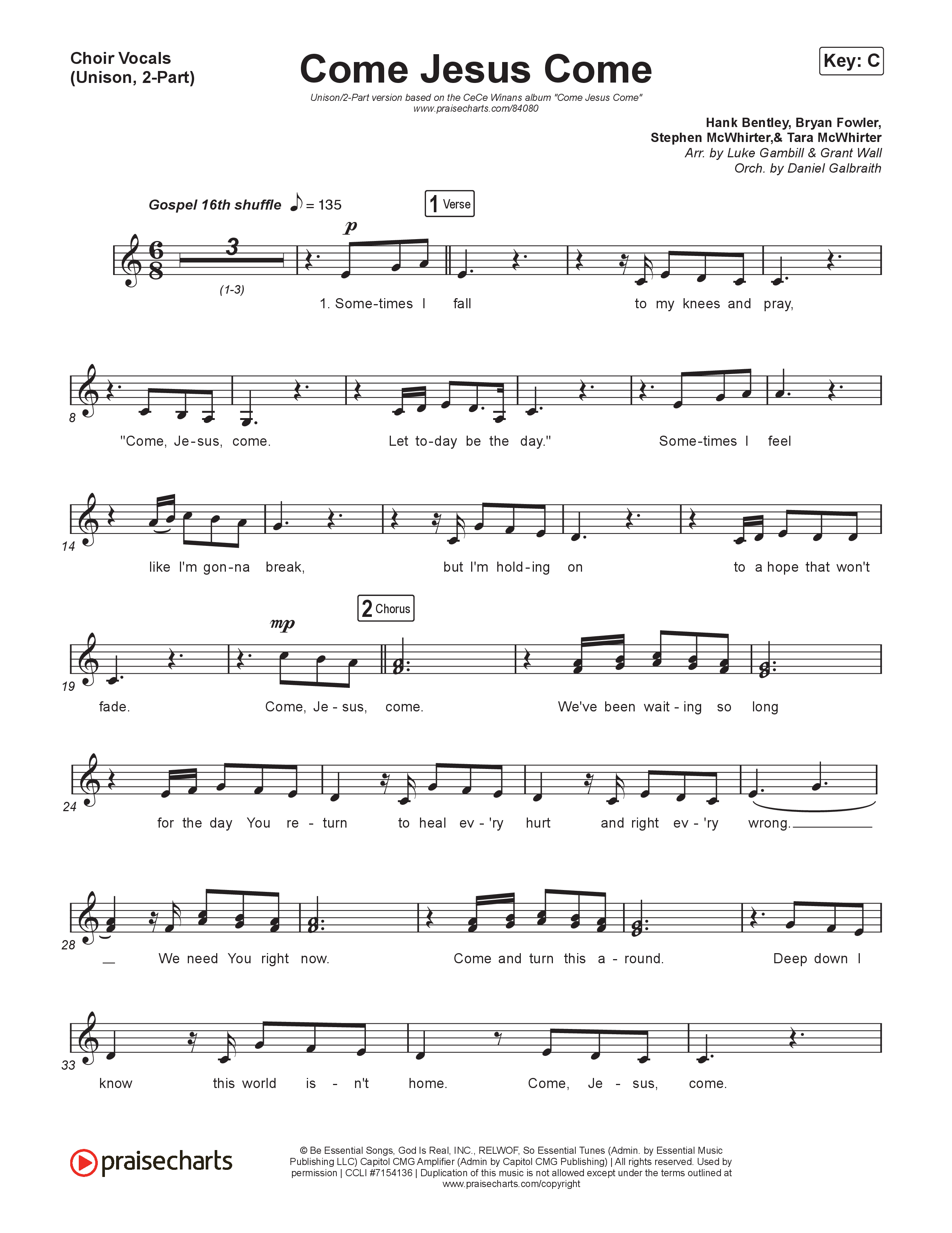 Come Jesus Come (Unison/2-Part) Choir Vocals (Uni/2-Part) (CeCe Winans / Arr. Luke Gambill)