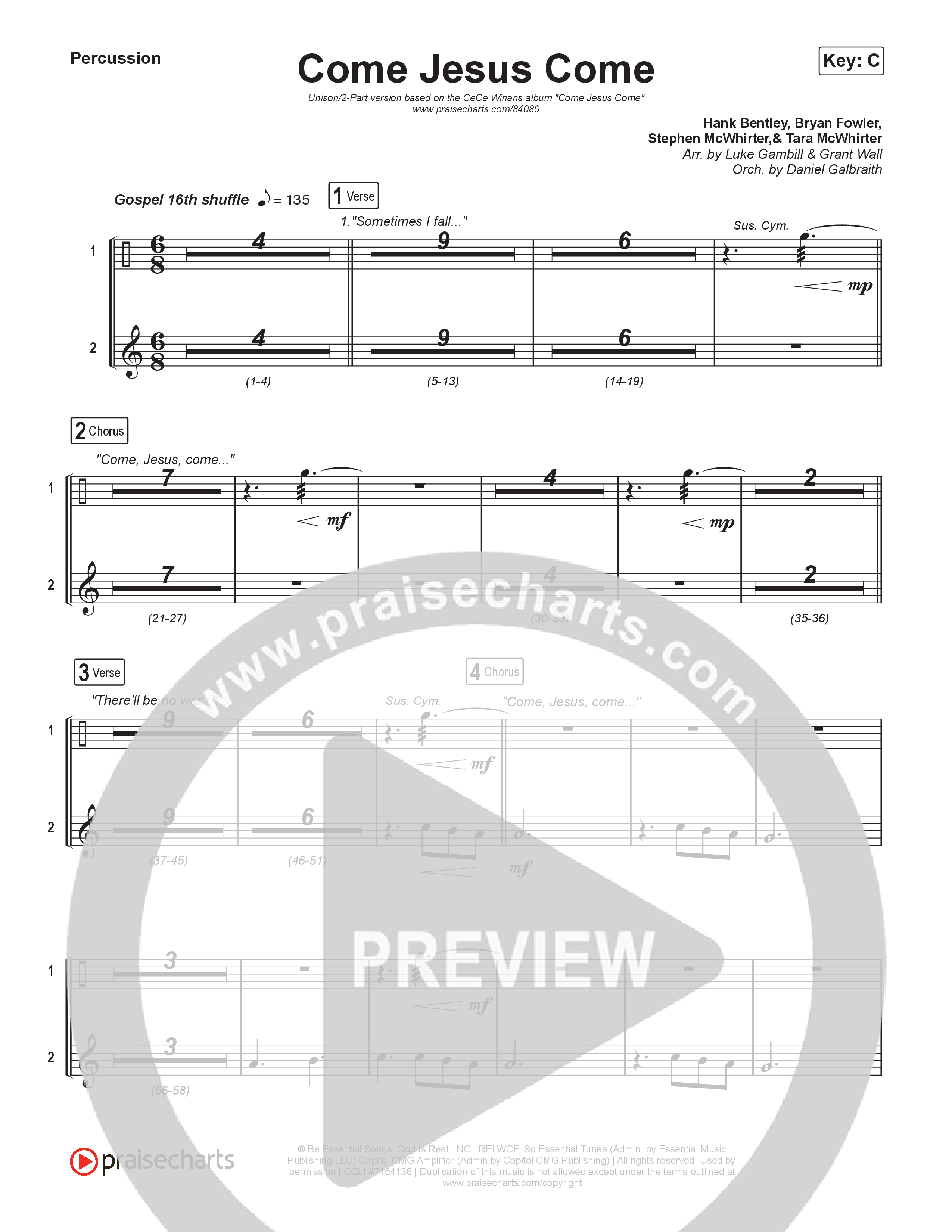 Come Jesus Come (Unison/2-Part) Percussion (CeCe Winans / Arr. Luke Gambill)