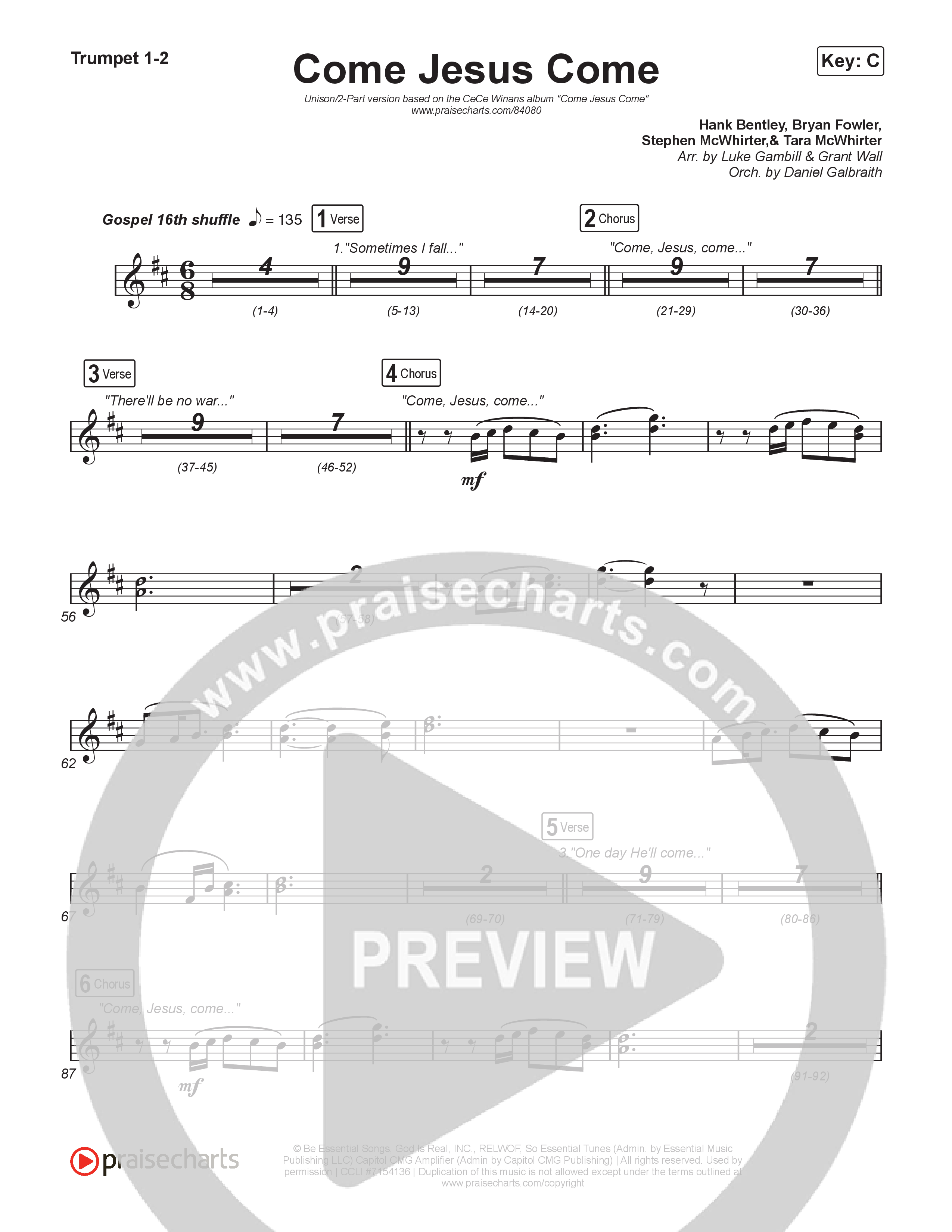 Come Jesus Come (Unison/2-Part) Trumpet 1,2 (CeCe Winans / Arr. Luke Gambill)