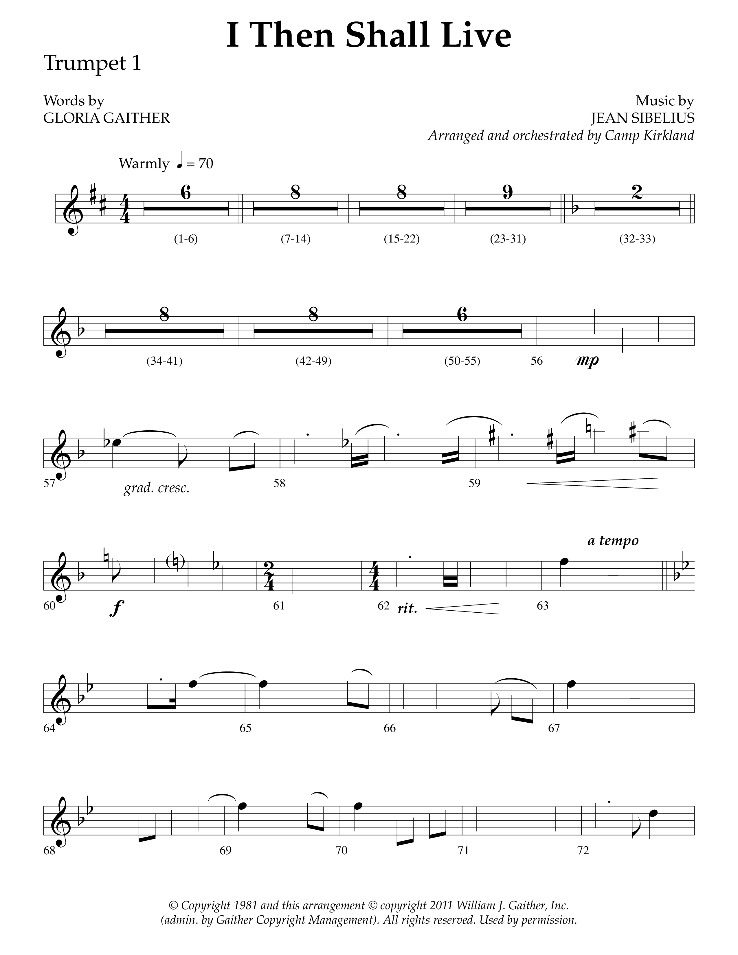 I Then Shall Live (Finlandia) (Choral Anthem SATB) Trumpet 1 (Lifeway Choral / Arr. Camp Kirkland)