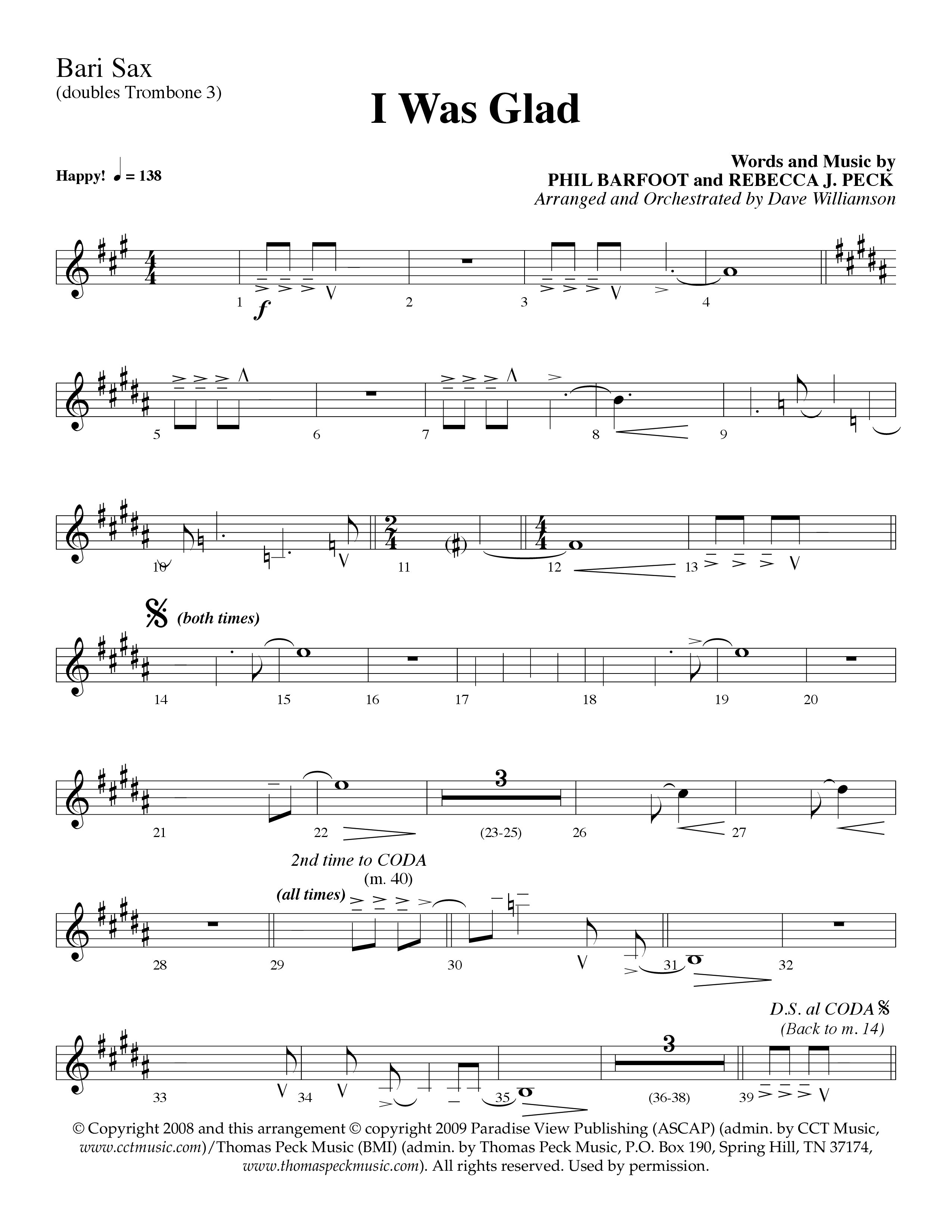 I Was Glad (Choral Anthem SATB) Bari Sax (Lifeway Choral / Arr. Dave Williamson)
