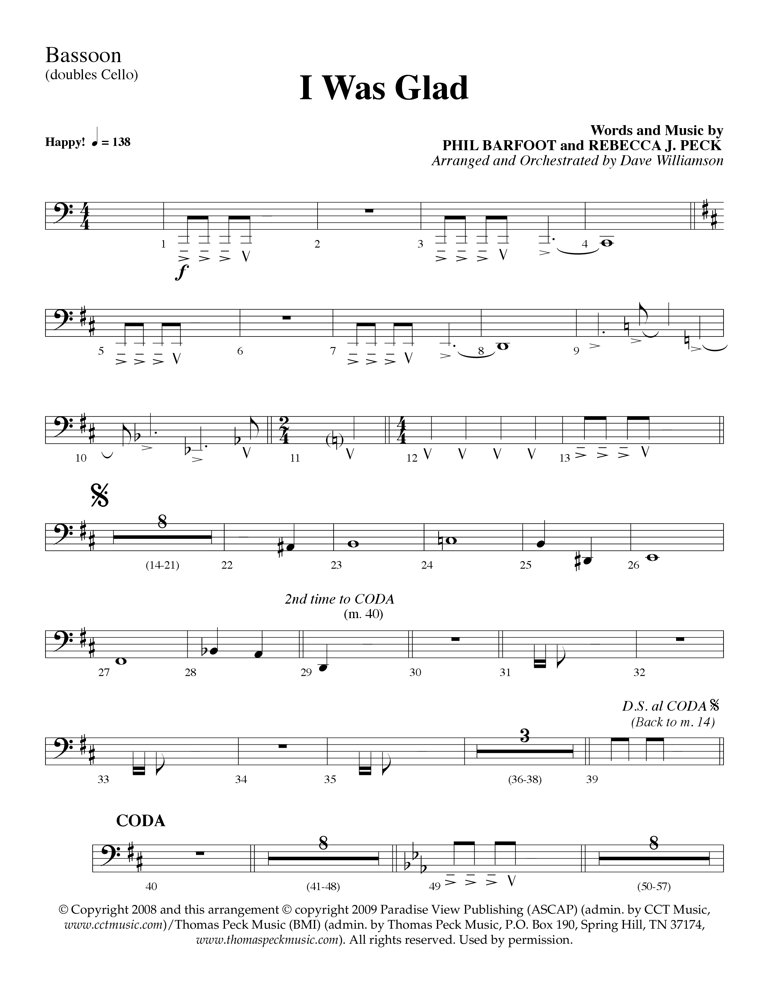 I Was Glad (Choral Anthem SATB) Bassoon (Lifeway Choral / Arr. Dave Williamson)