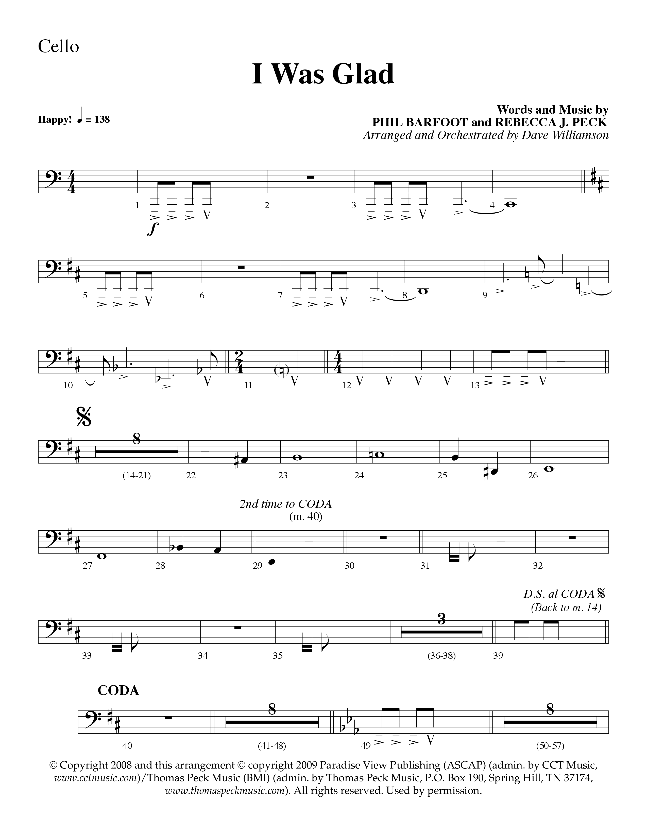 I Was Glad (Choral Anthem SATB) Cello (Lifeway Choral / Arr. Dave Williamson)
