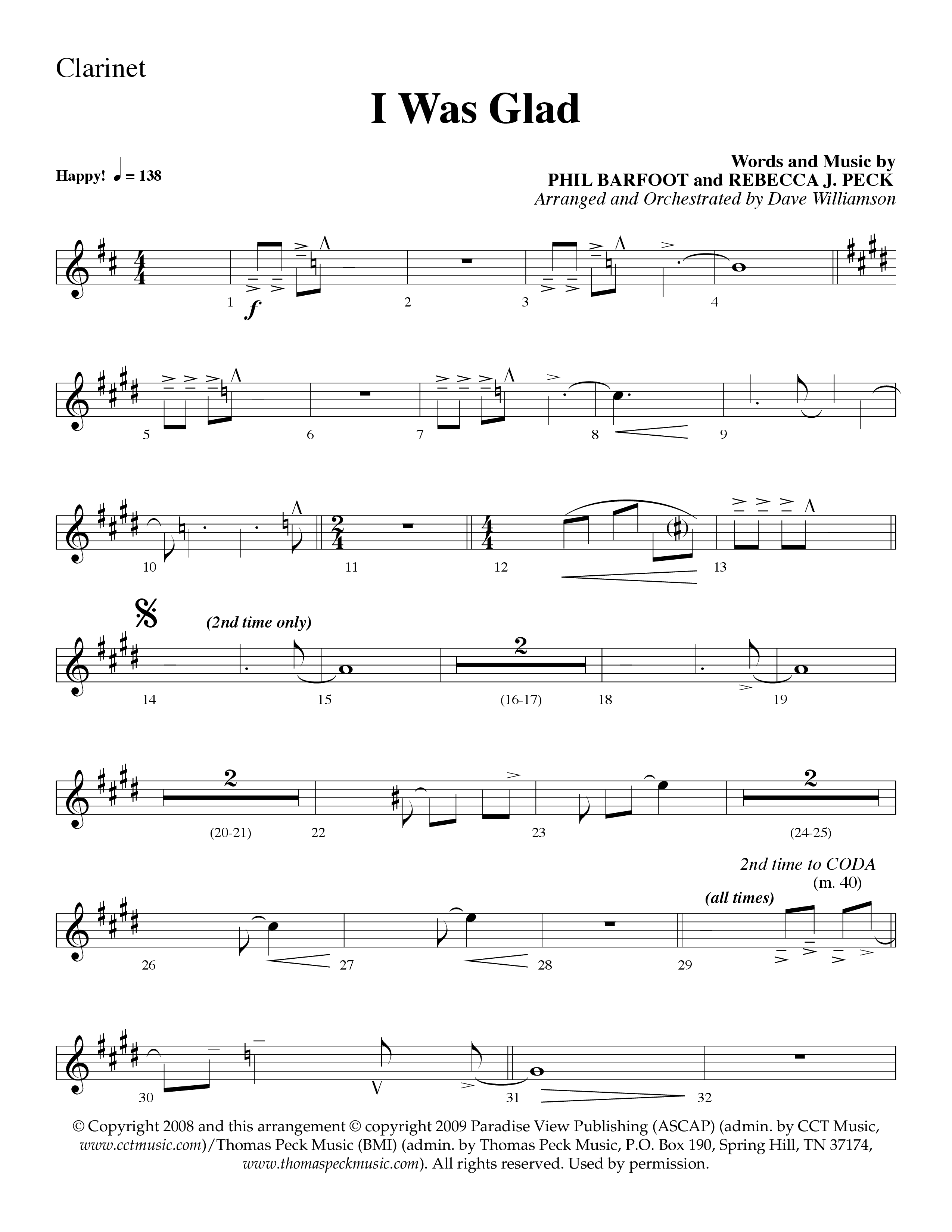 I Was Glad (Choral Anthem SATB) Clarinet 1/2 (Lifeway Choral / Arr. Dave Williamson)
