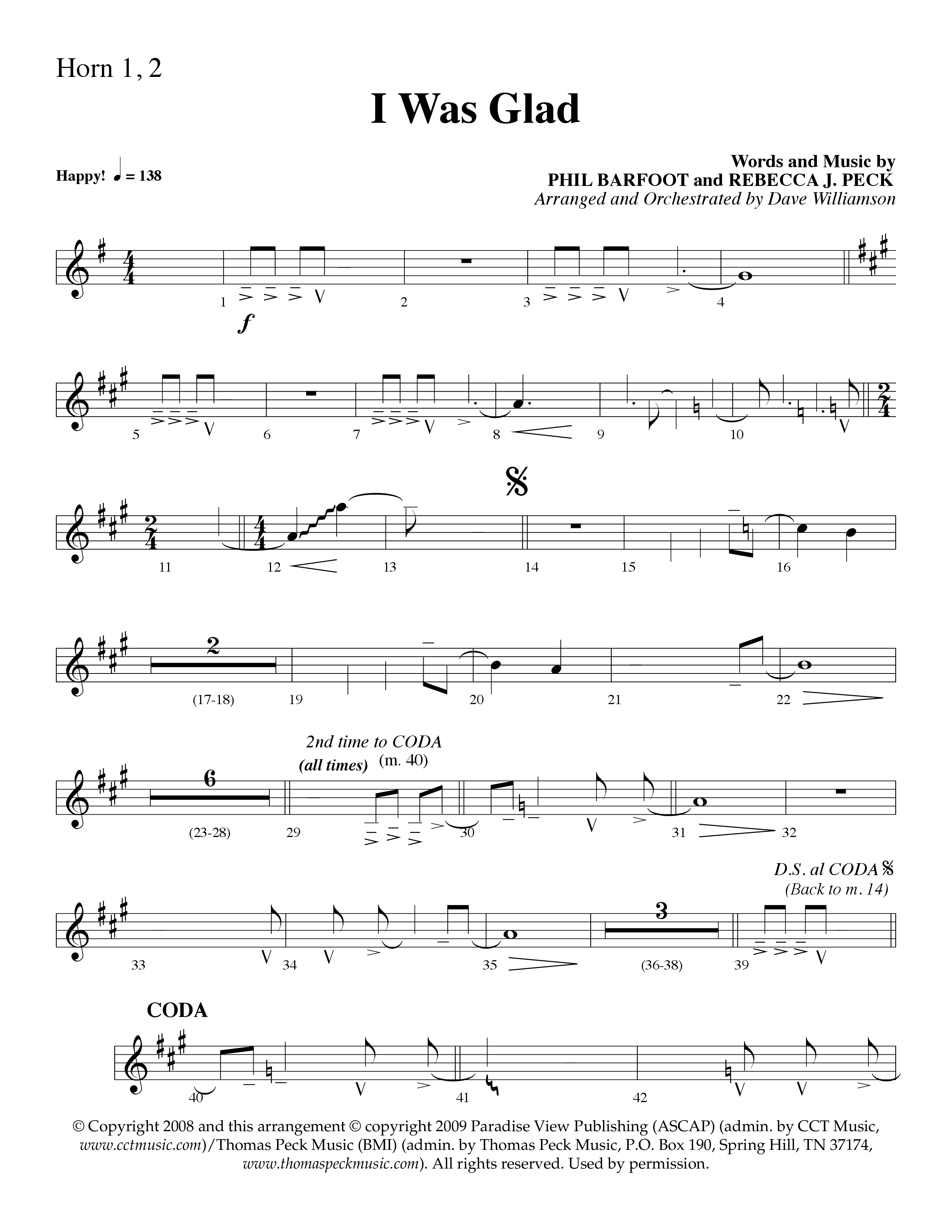 I Was Glad (Choral Anthem SATB) French Horn 1/2 (Lifeway Choral / Arr. Dave Williamson)