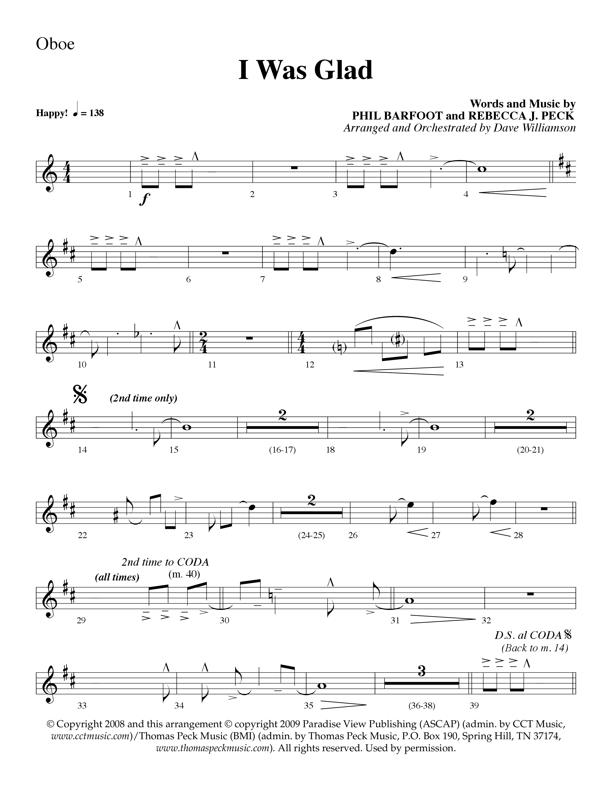 I Was Glad (Choral Anthem SATB) Oboe (Lifeway Choral / Arr. Dave Williamson)