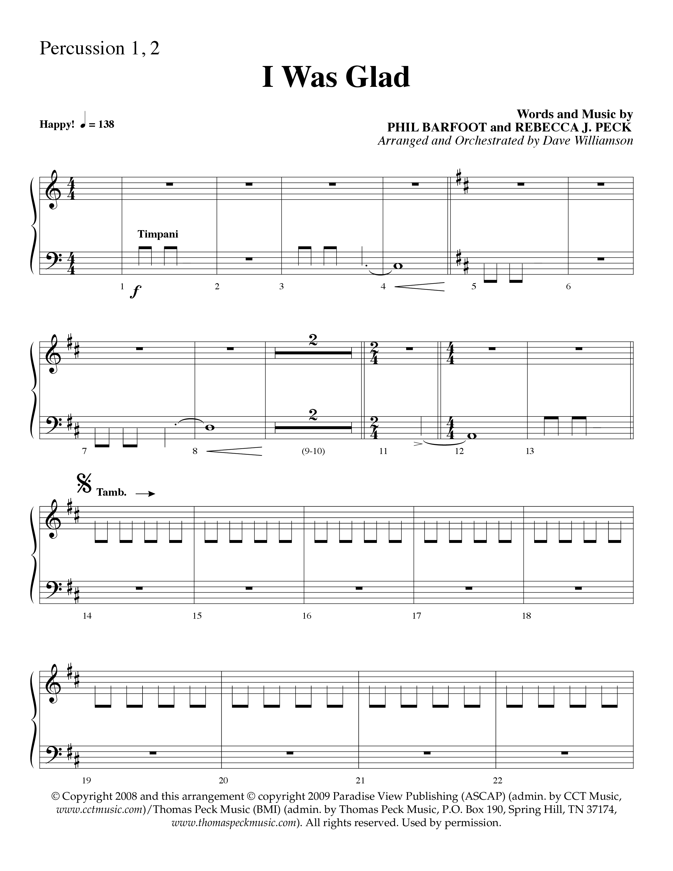 I Was Glad (Choral Anthem SATB) Percussion 1/2 (Lifeway Choral / Arr. Dave Williamson)