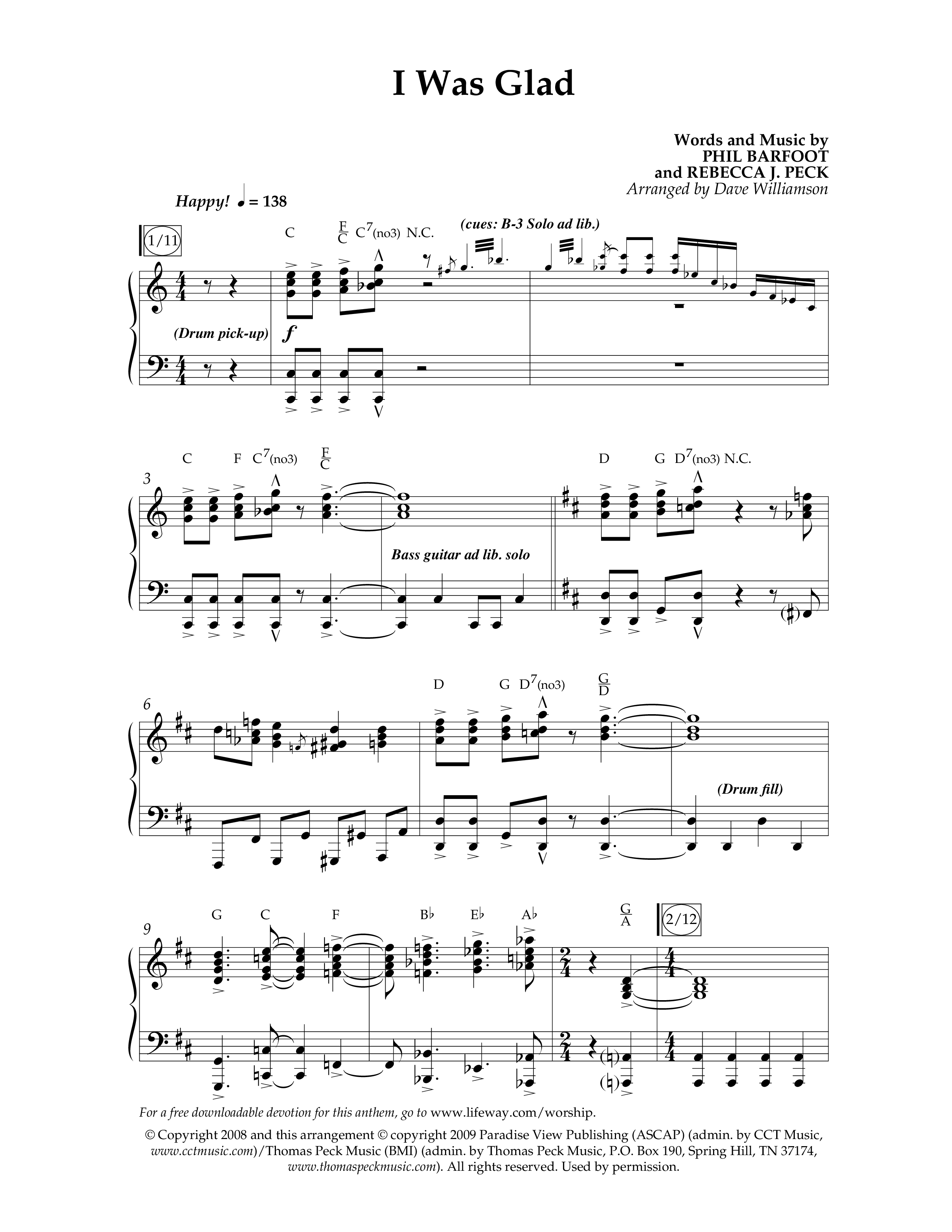 I Was Glad (Choral Anthem SATB) Anthem (SATB/Piano) (Lifeway Choral / Arr. Dave Williamson)