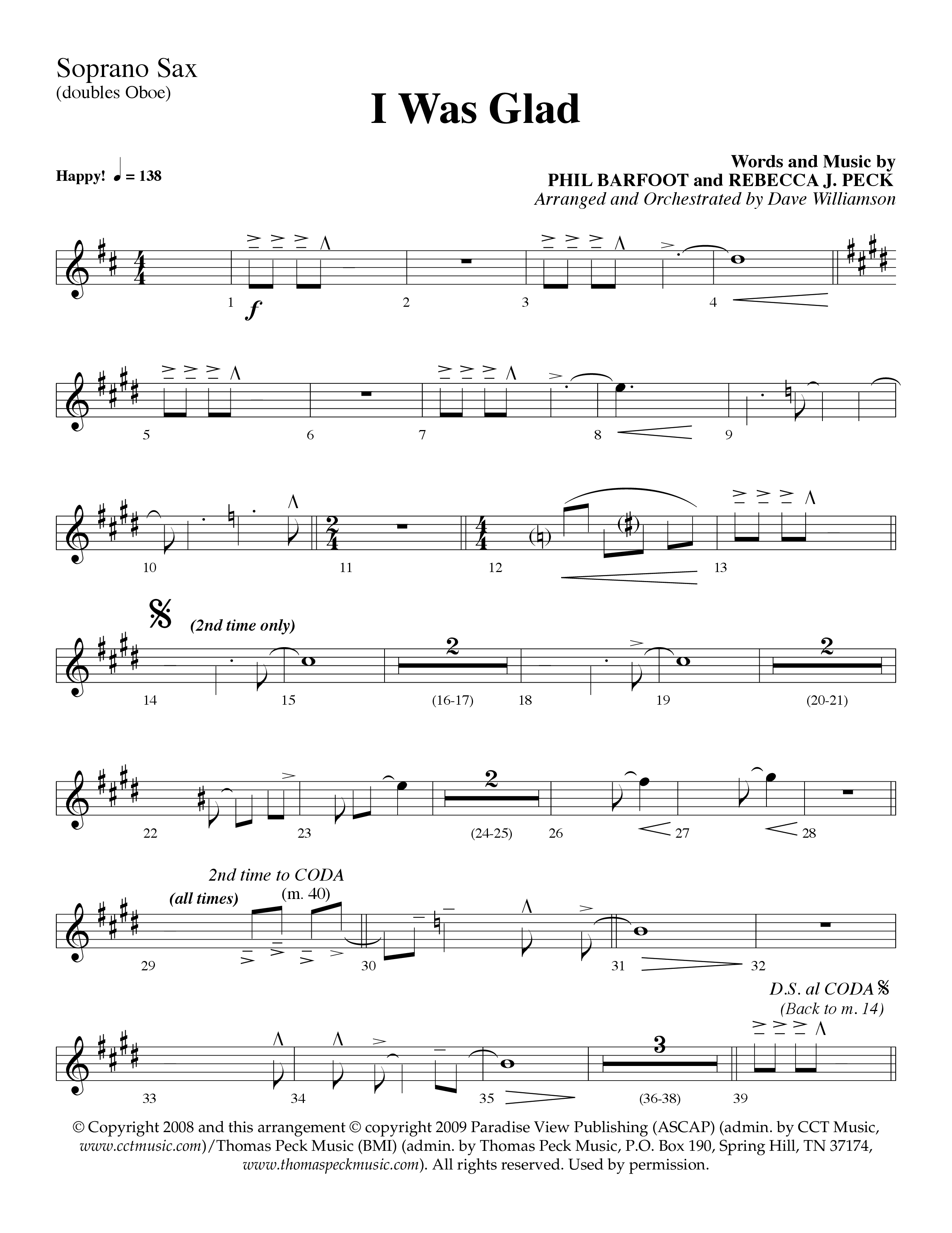 I Was Glad (Choral Anthem SATB) Soprano Sax (Lifeway Choral / Arr. Dave Williamson)