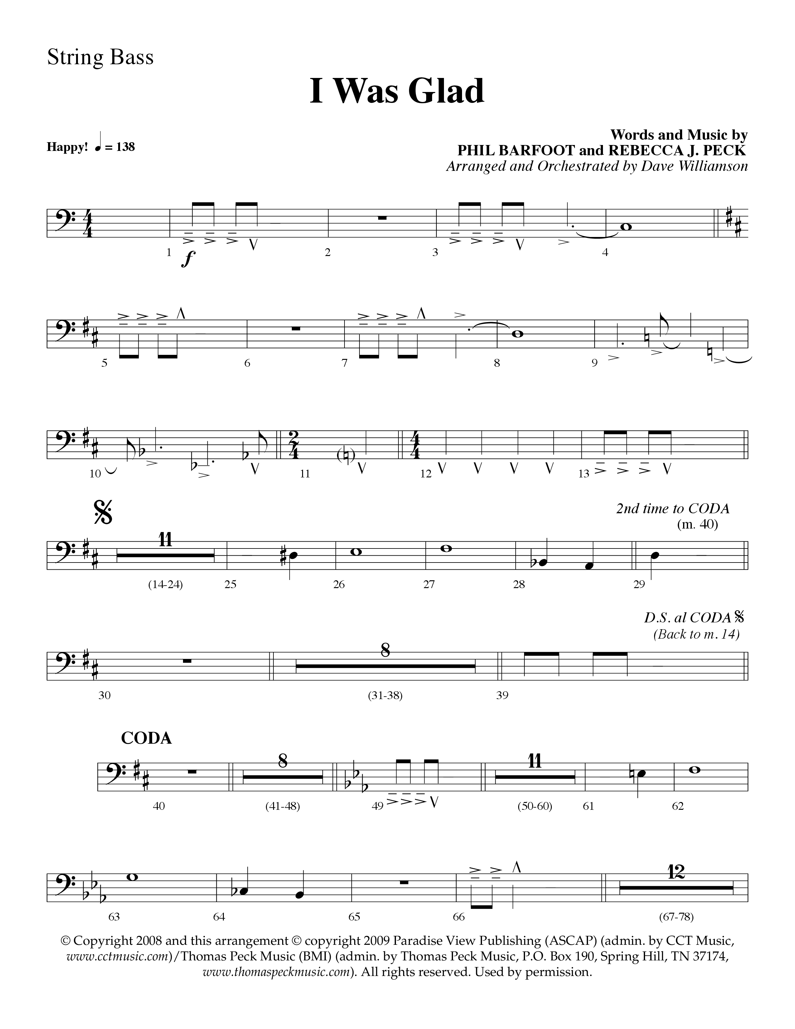 I Was Glad (Choral Anthem SATB) String Bass (Lifeway Choral / Arr. Dave Williamson)