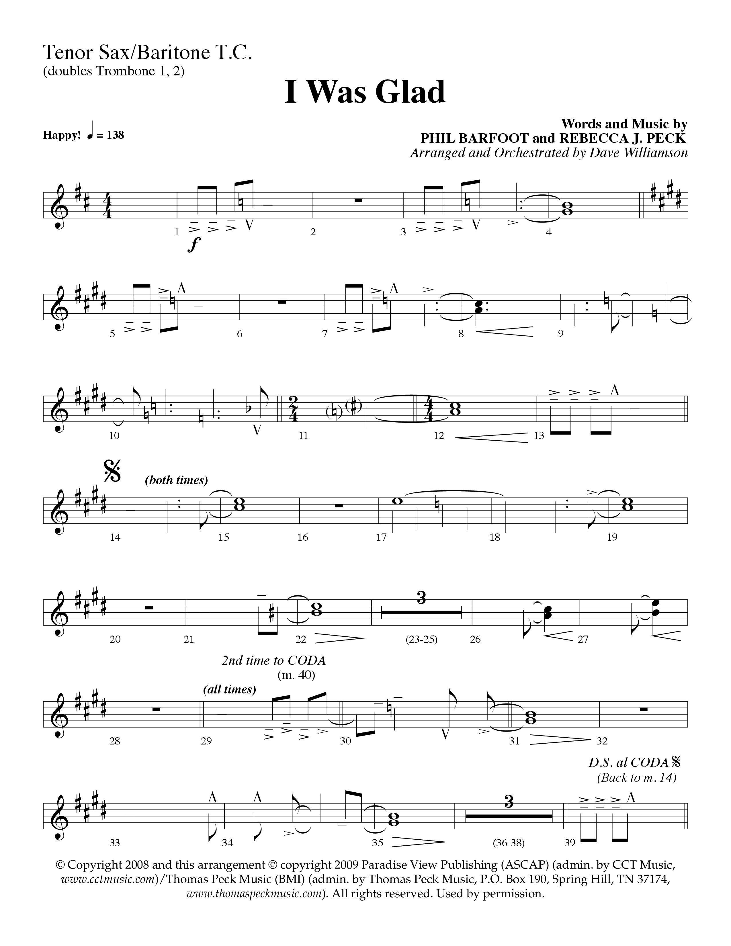 I Was Glad (Choral Anthem SATB) Tenor Sax/Baritone T.C. (Lifeway Choral / Arr. Dave Williamson)