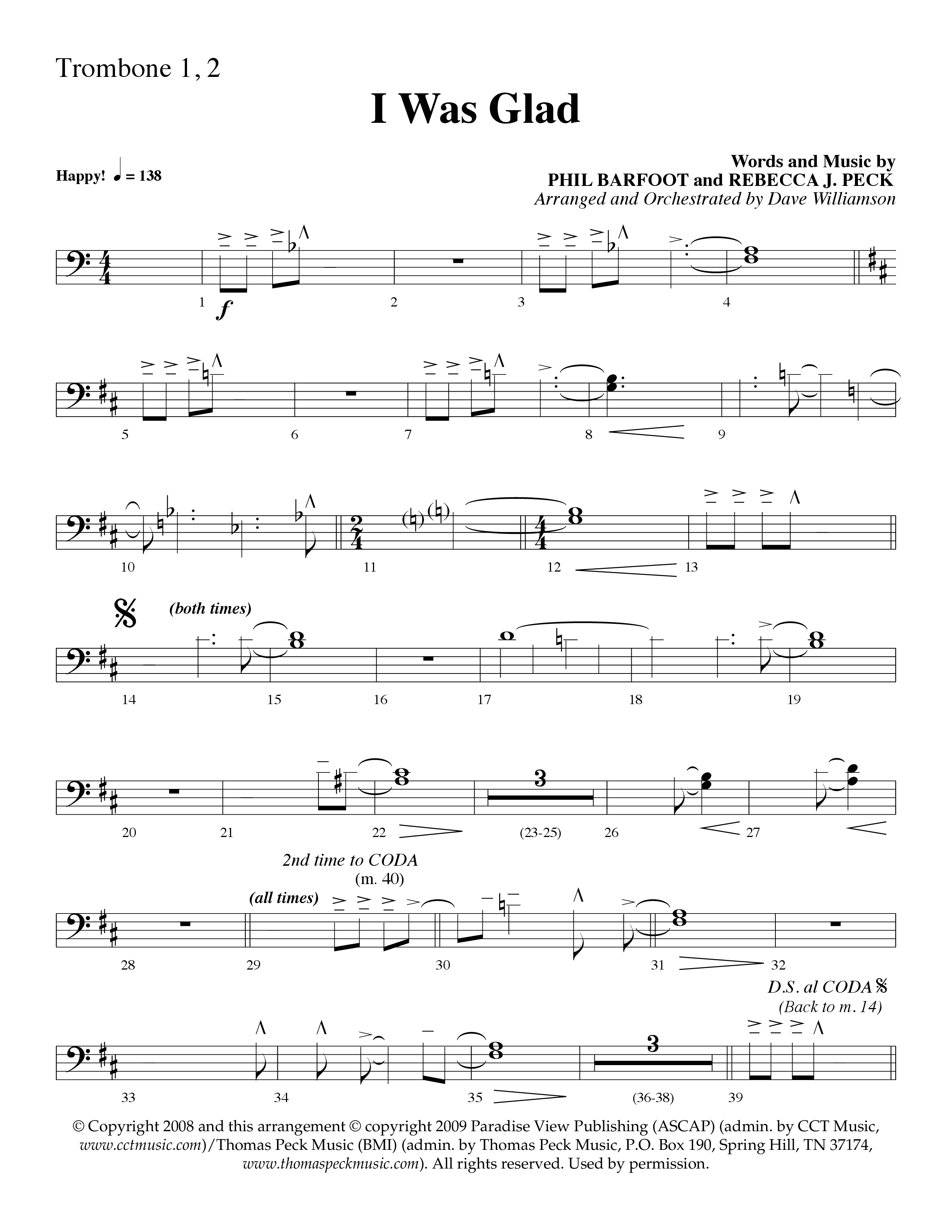 I Was Glad (Choral Anthem SATB) Trombone 1/2 (Lifeway Choral / Arr. Dave Williamson)