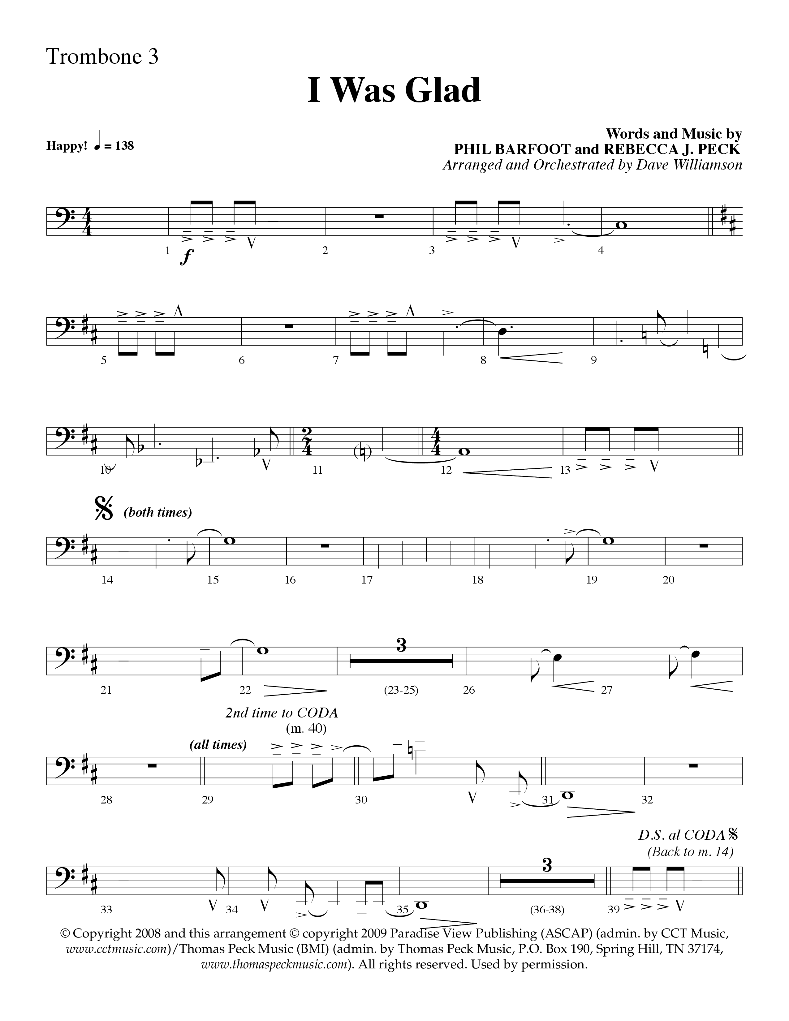 I Was Glad (Choral Anthem SATB) Trombone 3 (Lifeway Choral / Arr. Dave Williamson)
