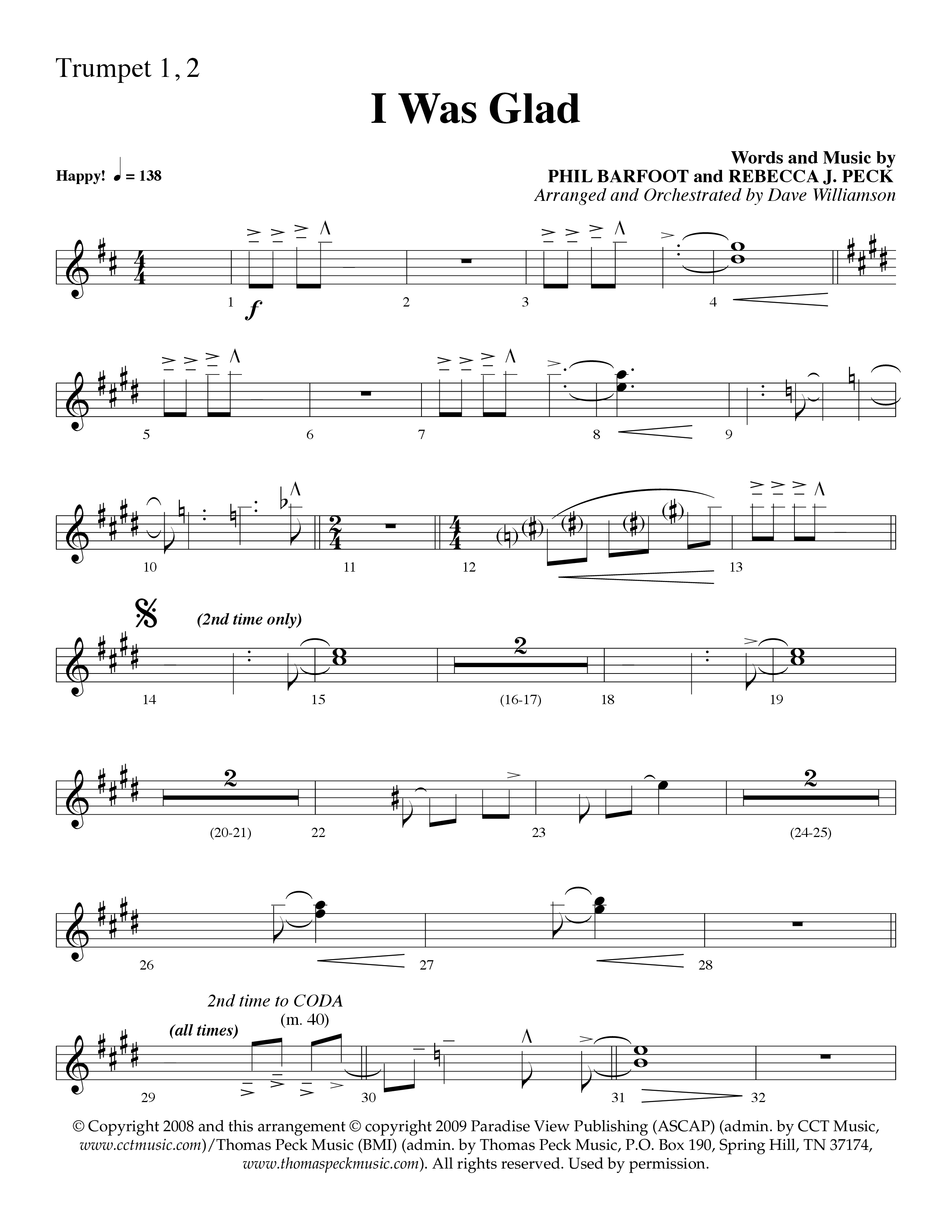 I Was Glad (Choral Anthem SATB) Trumpet 1,2 (Lifeway Choral / Arr. Dave Williamson)