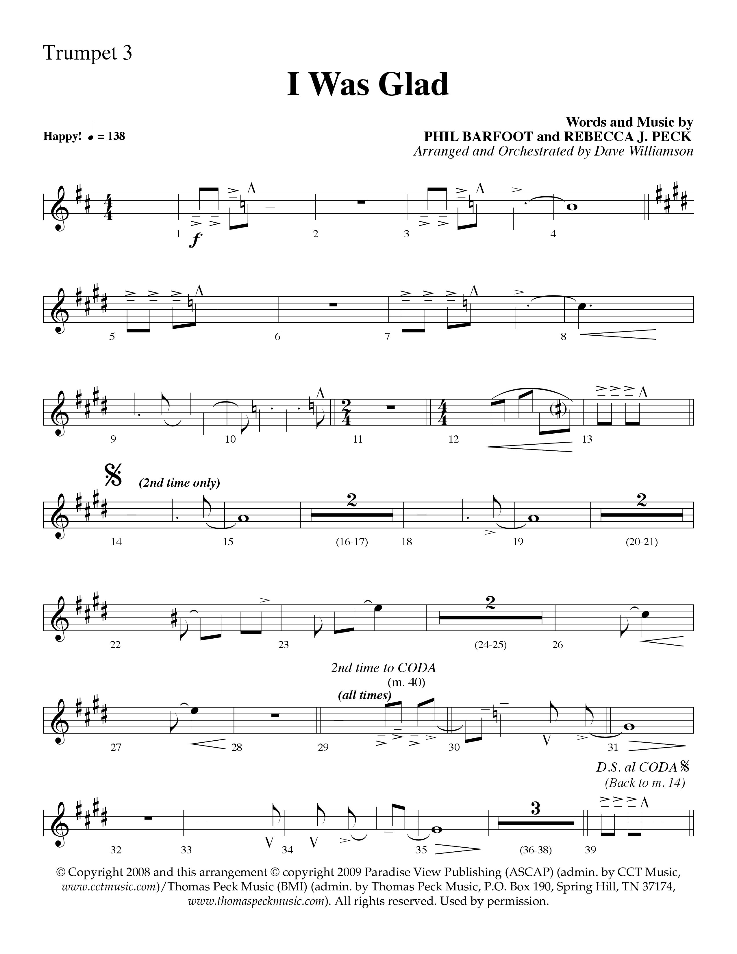 I Was Glad (Choral Anthem SATB) Trumpet 3 (Lifeway Choral / Arr. Dave Williamson)
