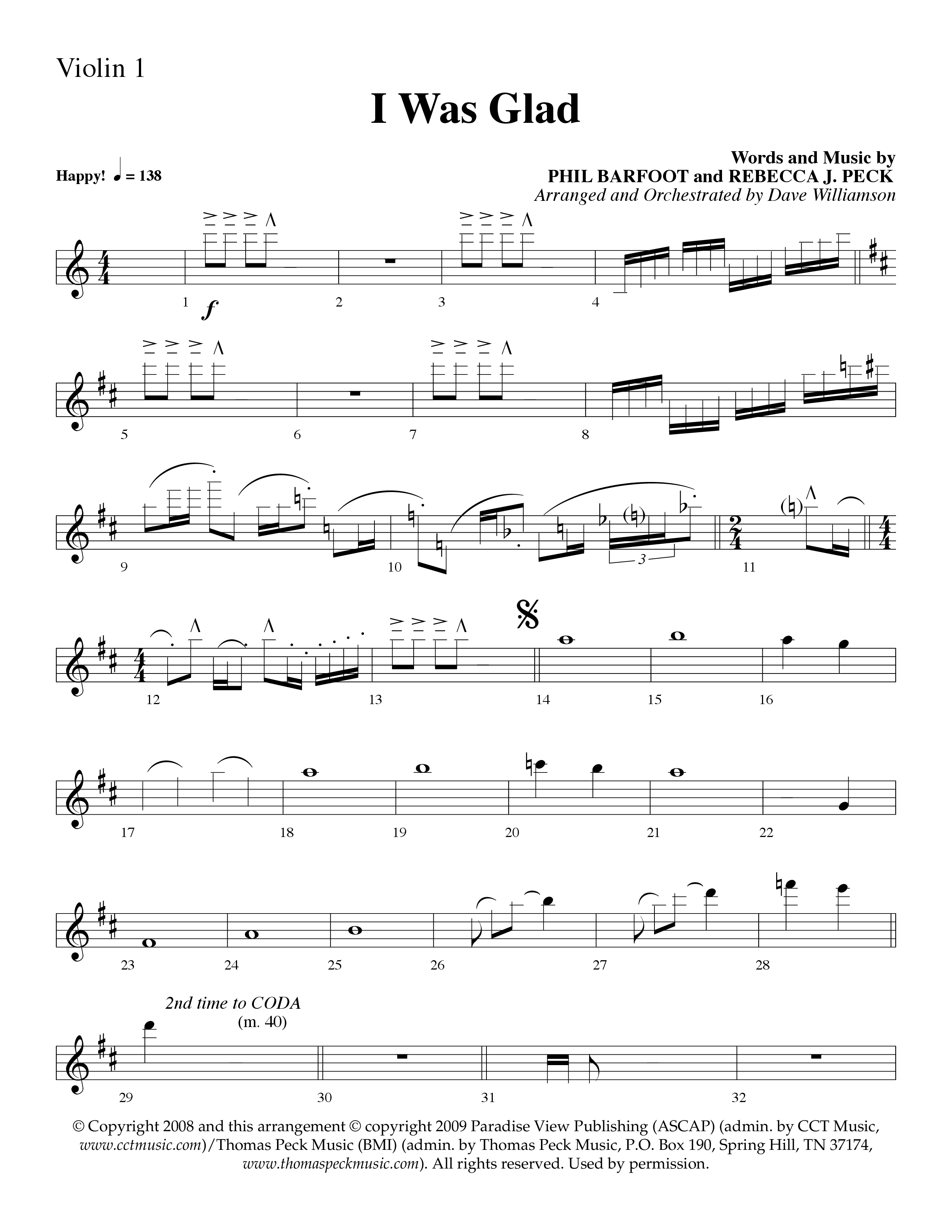 I Was Glad (Choral Anthem SATB) Violin 1 (Lifeway Choral / Arr. Dave Williamson)