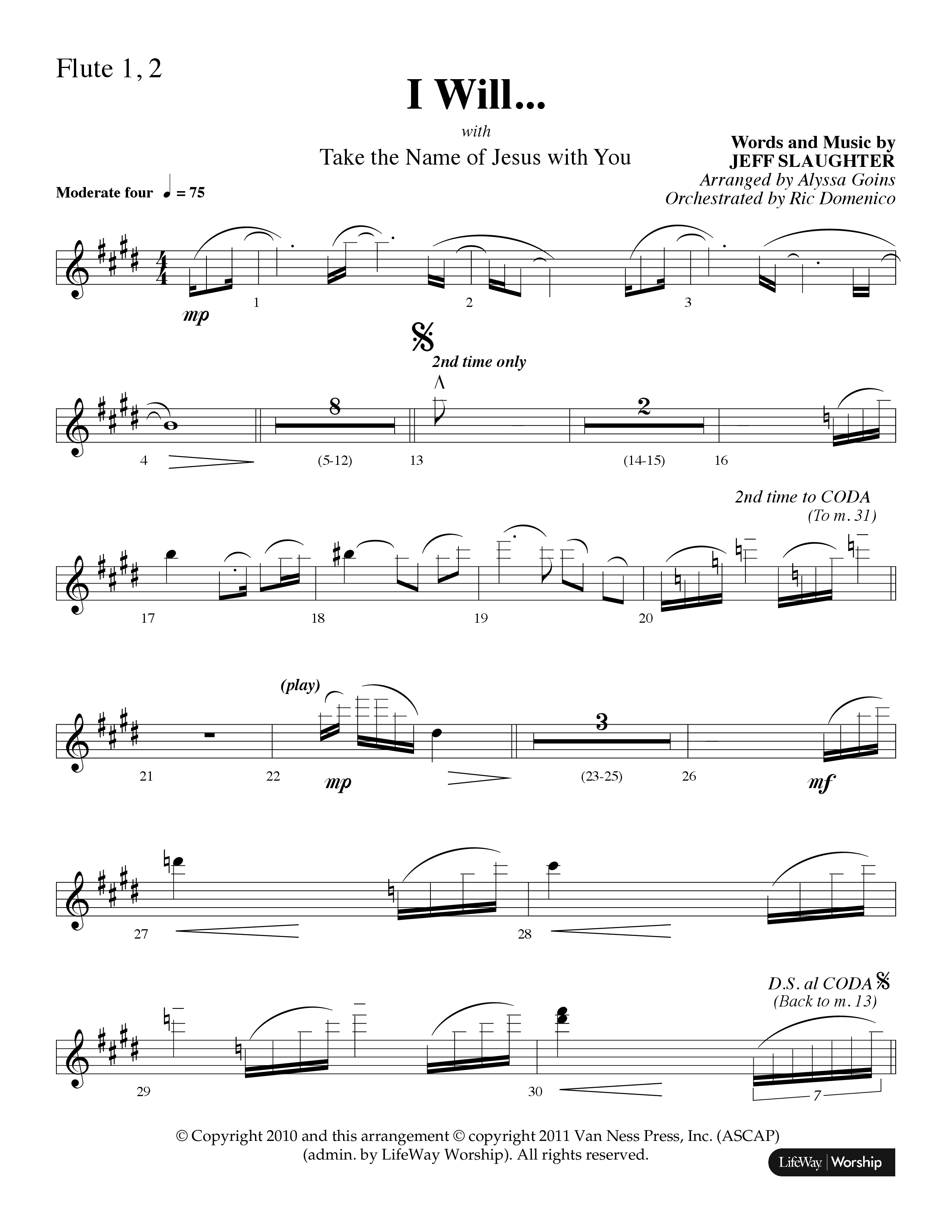 I Will (with Take The Name Of Jesus With You) (Choral Anthem SATB) Flute 1/2 (Lifeway Choral / Arr. Alyssa Goins / Orch. Ric Domenico)