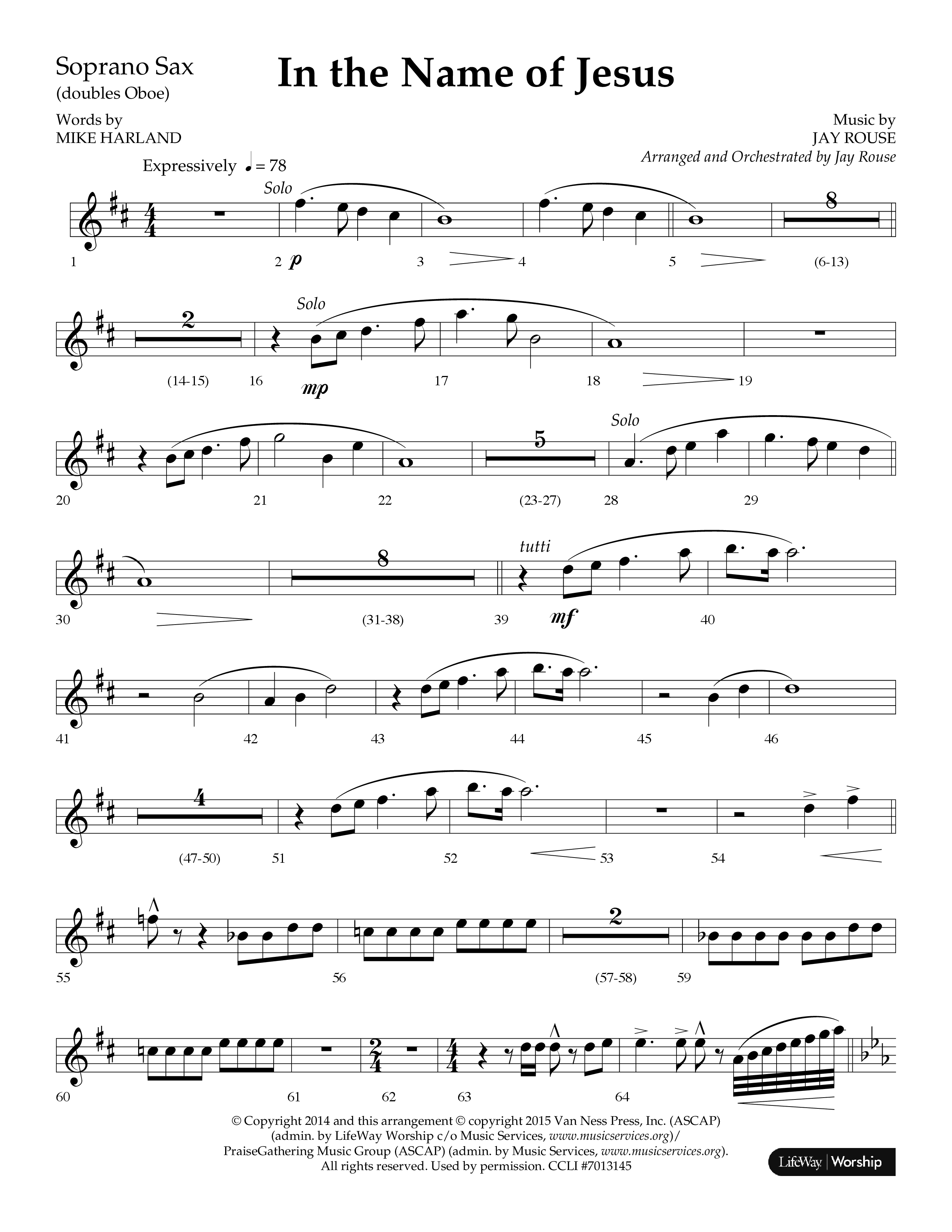 In The Name Of Jesus (Choral Anthem SATB) Soprano Sax (Lifeway Choral / Arr. Jay Rouse)