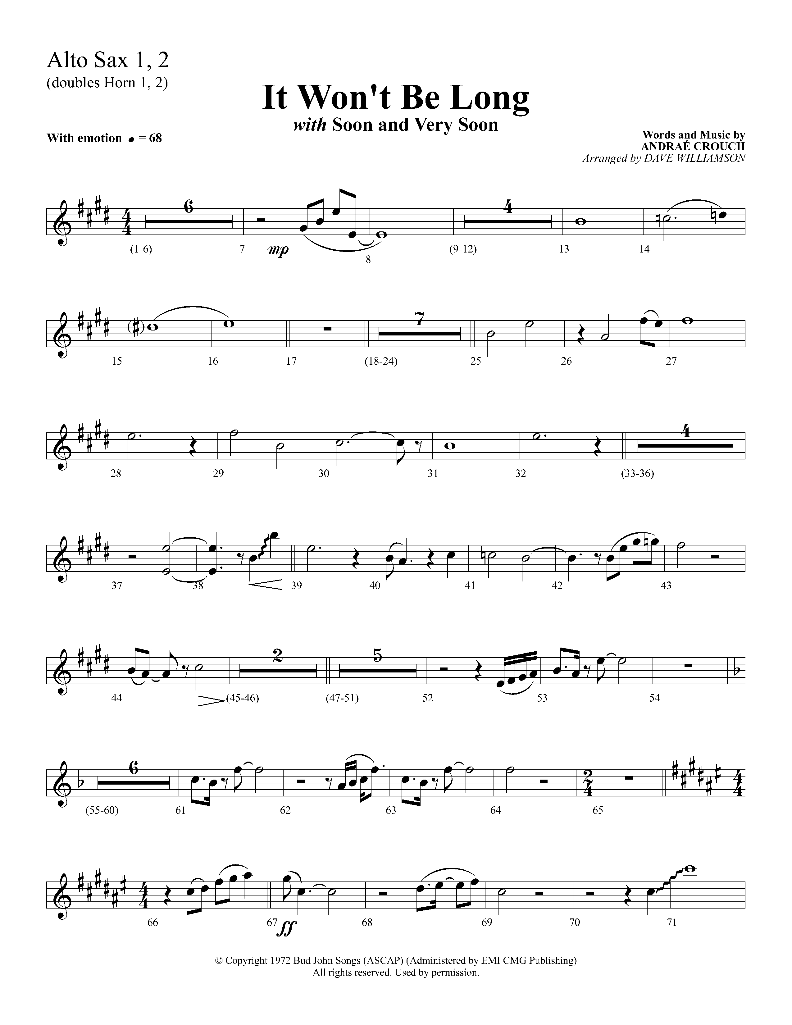 It Wont Be Long (with Soon And Very Soon) (Choral Anthem SATB) Alto Sax 1/2 (Lifeway Choral / Arr. Dave Williamson)