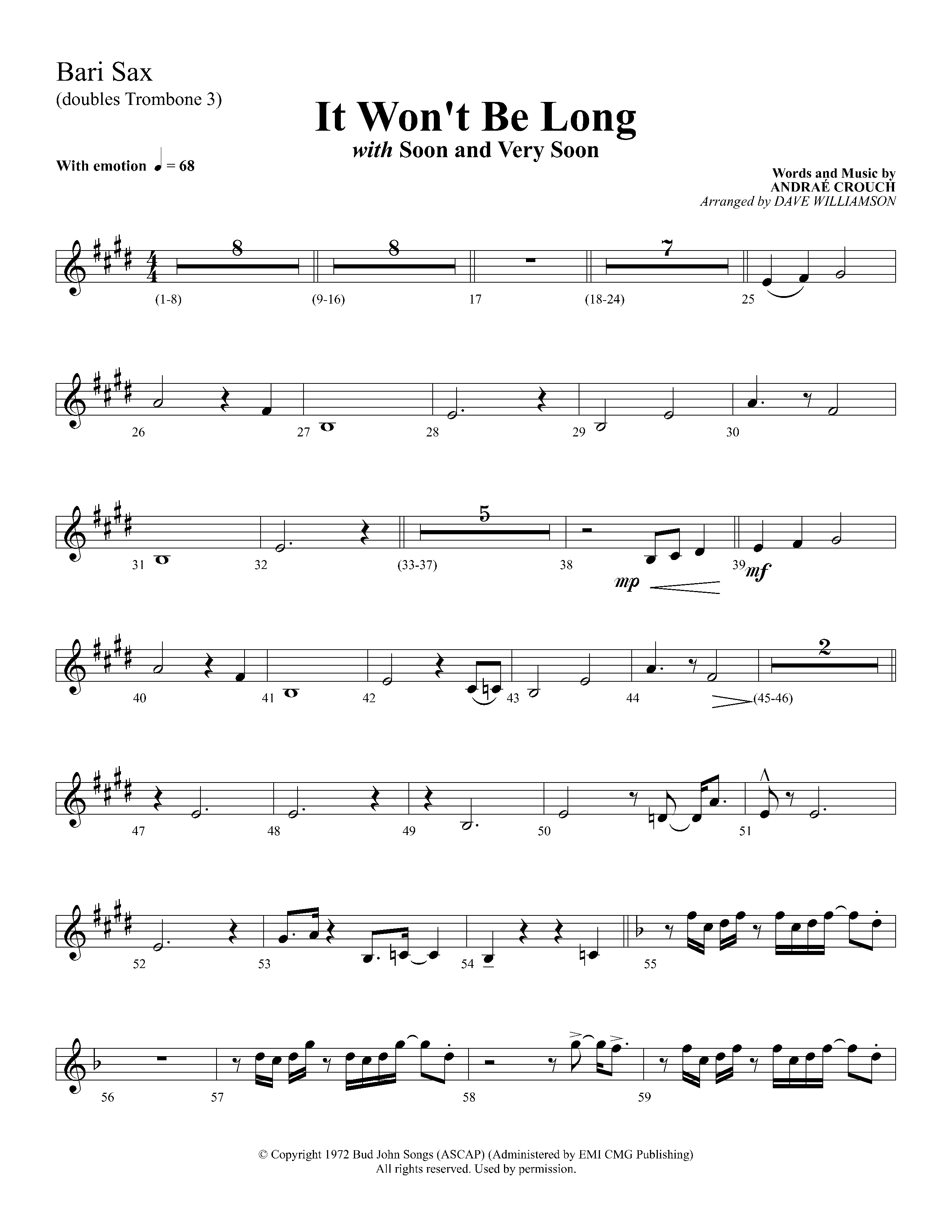 It Wont Be Long (with Soon And Very Soon) (Choral Anthem SATB) Bari Sax (Lifeway Choral / Arr. Dave Williamson)