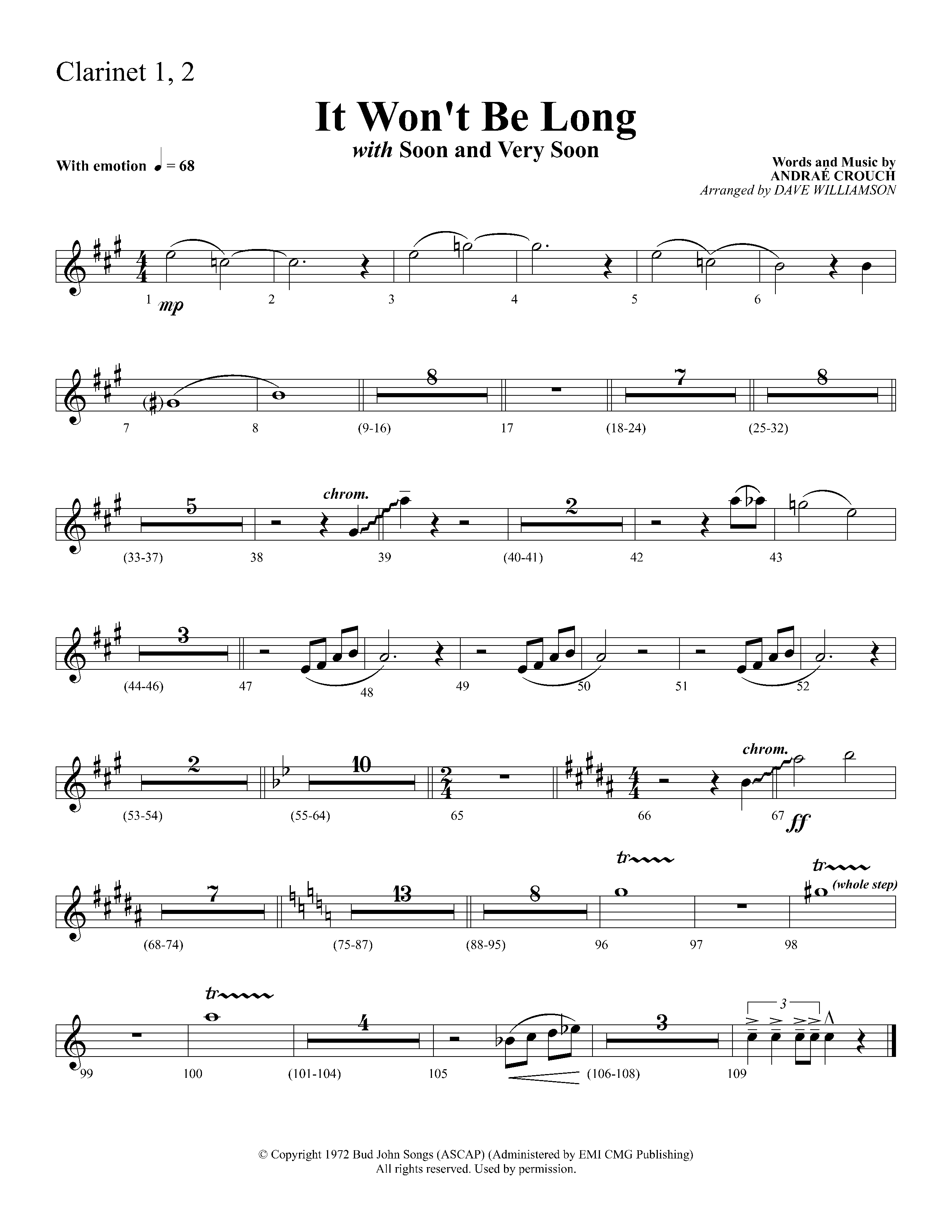 It Wont Be Long (with Soon And Very Soon) (Choral Anthem SATB) Clarinet 1/2 (Lifeway Choral / Arr. Dave Williamson)
