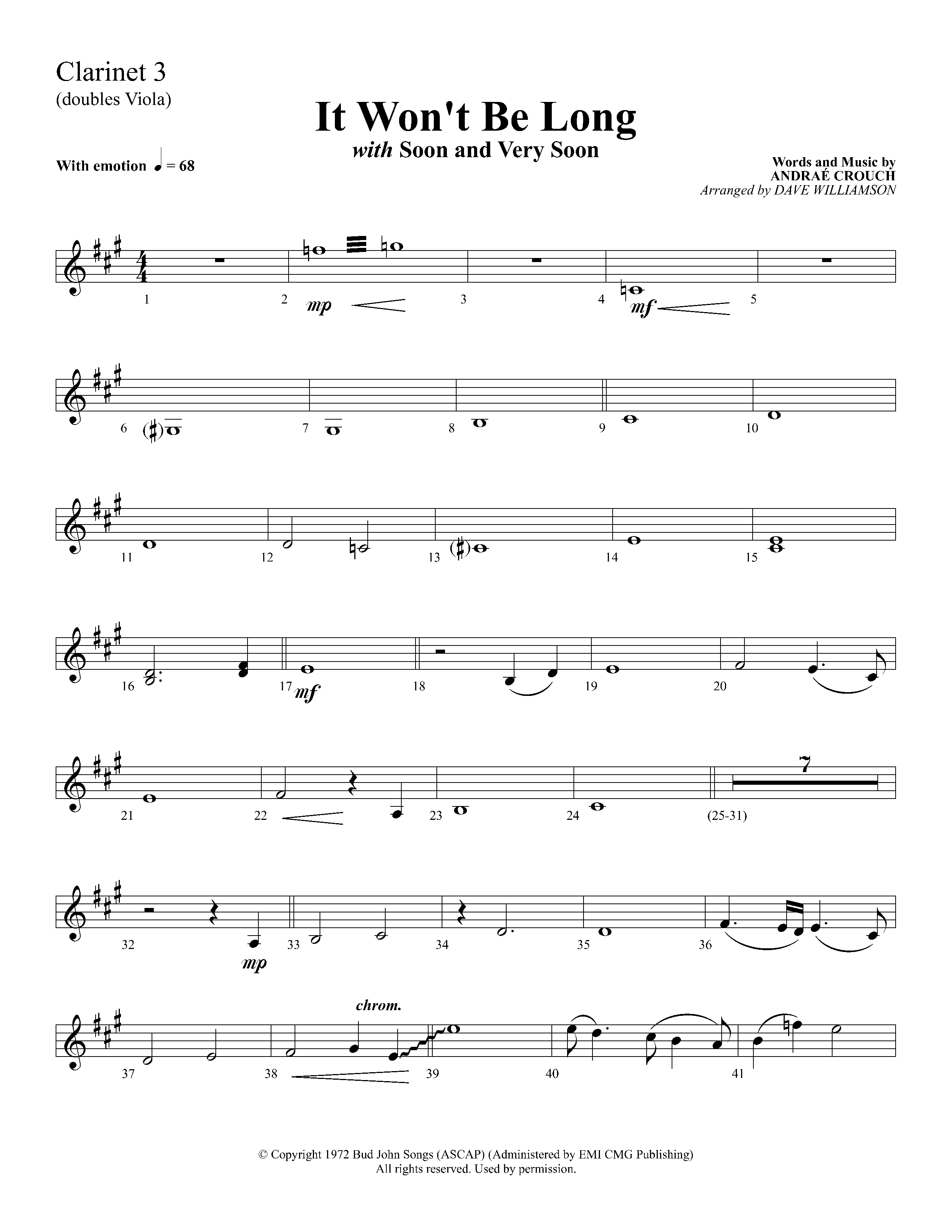 It Wont Be Long (with Soon And Very Soon) (Choral Anthem SATB) Clarinet 3 (Lifeway Choral / Arr. Dave Williamson)