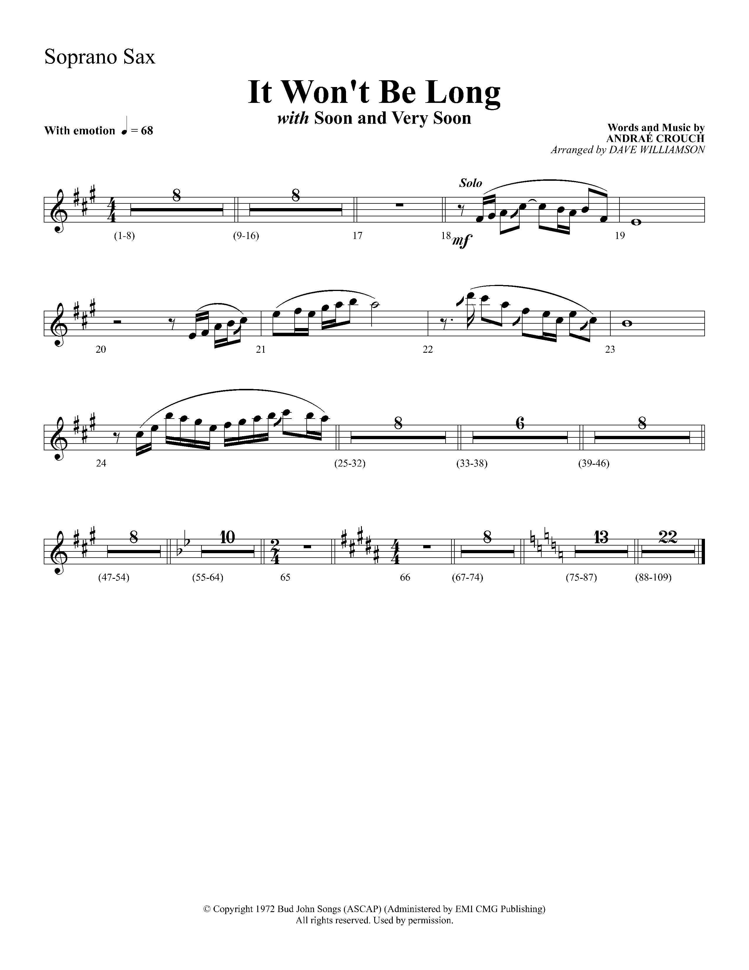It Wont Be Long (with Soon And Very Soon) (Choral Anthem SATB) Soprano Sax (Lifeway Choral / Arr. Dave Williamson)