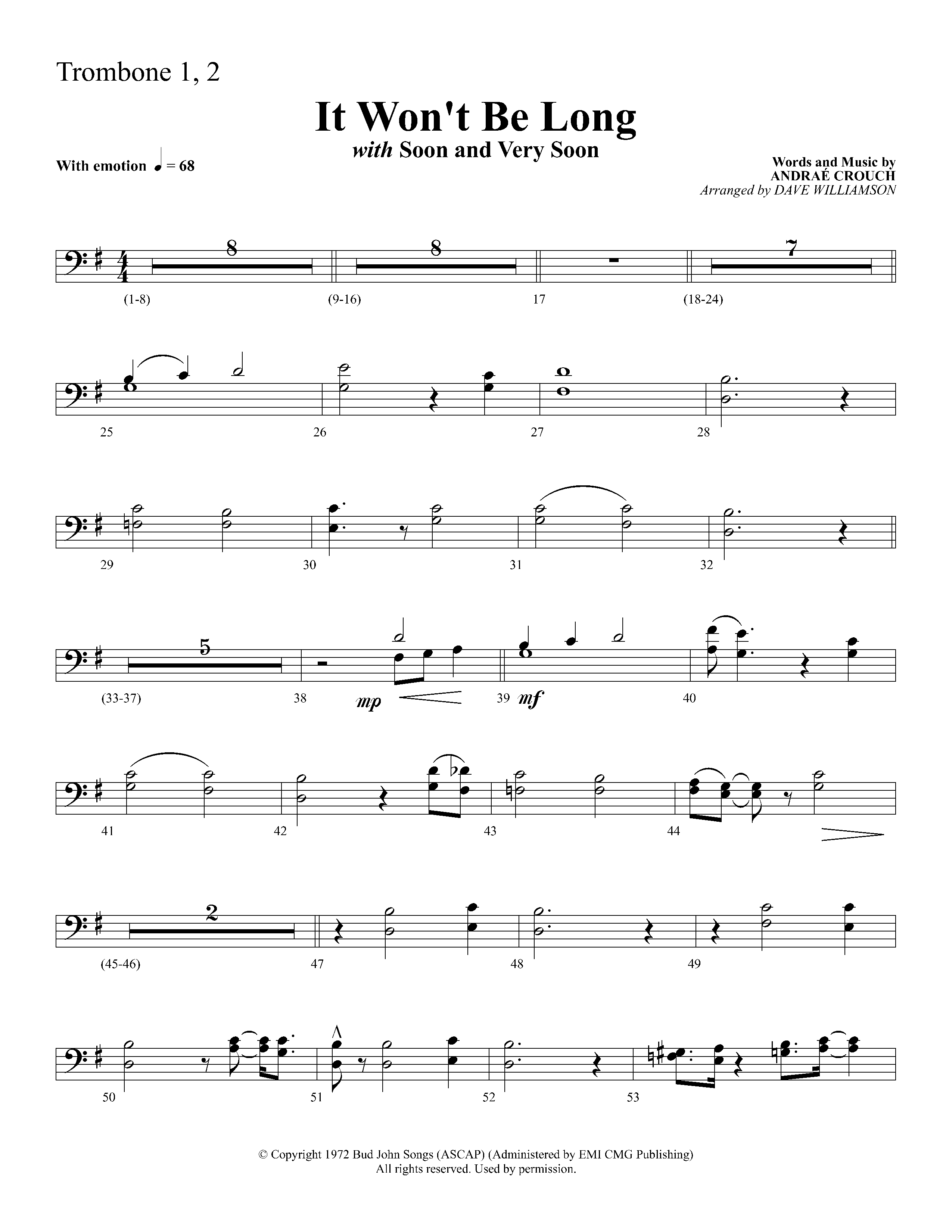 It Wont Be Long (with Soon And Very Soon) (Choral Anthem SATB) Trombone 1/2 (Lifeway Choral / Arr. Dave Williamson)