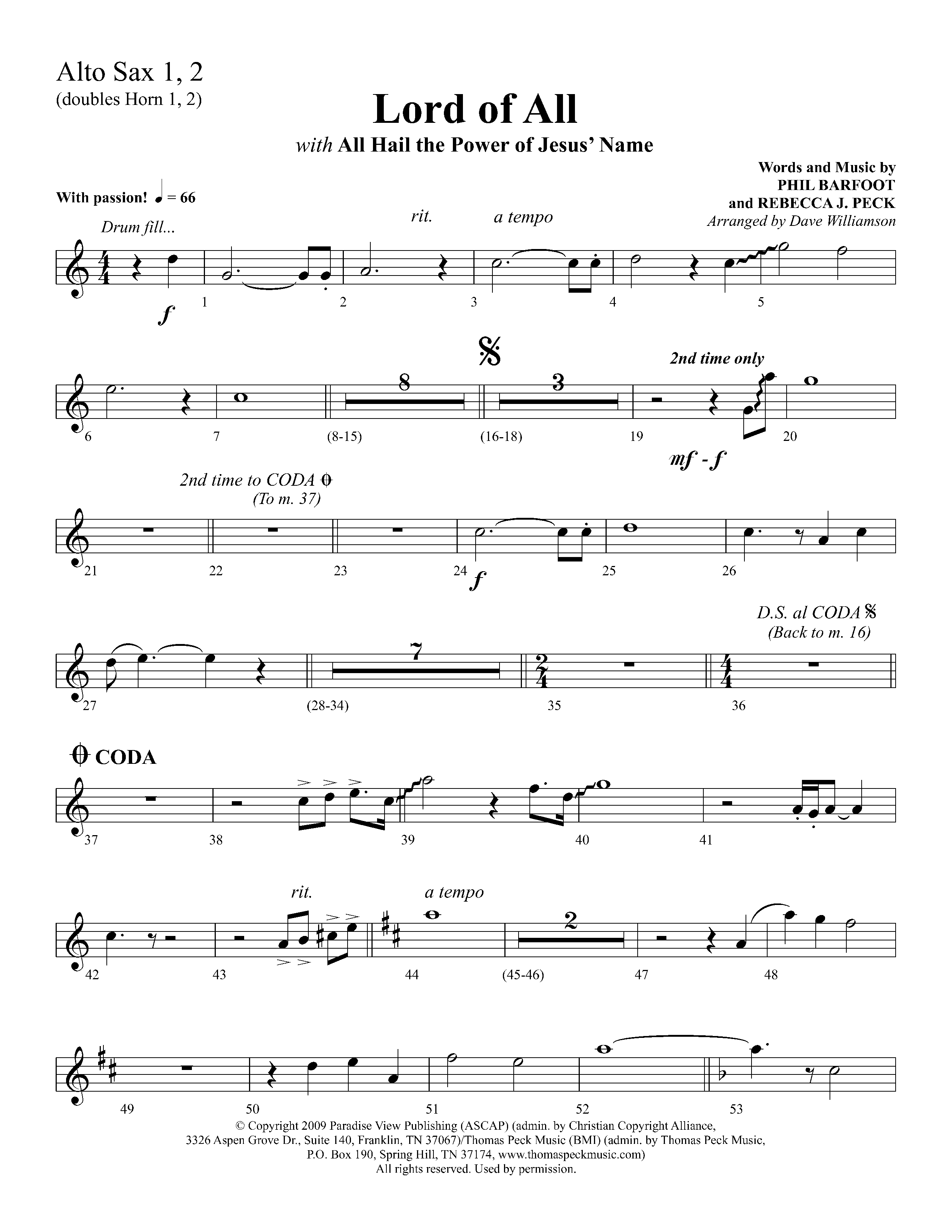 Lord Of All (with All Hail The Power Of Jesus Name) (Choral Anthem SATB) Alto Sax 1/2 (Lifeway Choral / Arr. Dave Williamson)