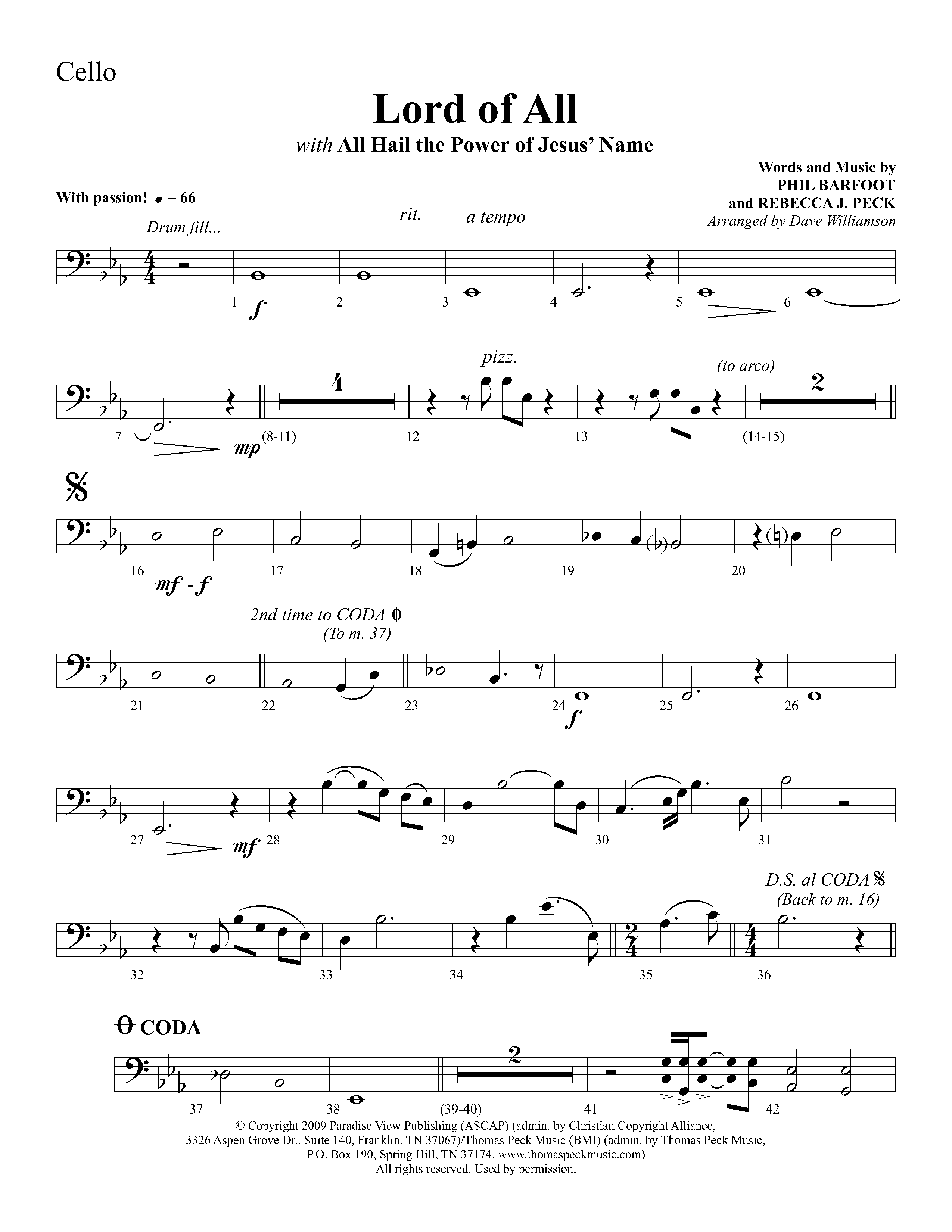 Lord Of All (with All Hail The Power Of Jesus Name) (Choral Anthem SATB) Cello (Lifeway Choral / Arr. Dave Williamson)