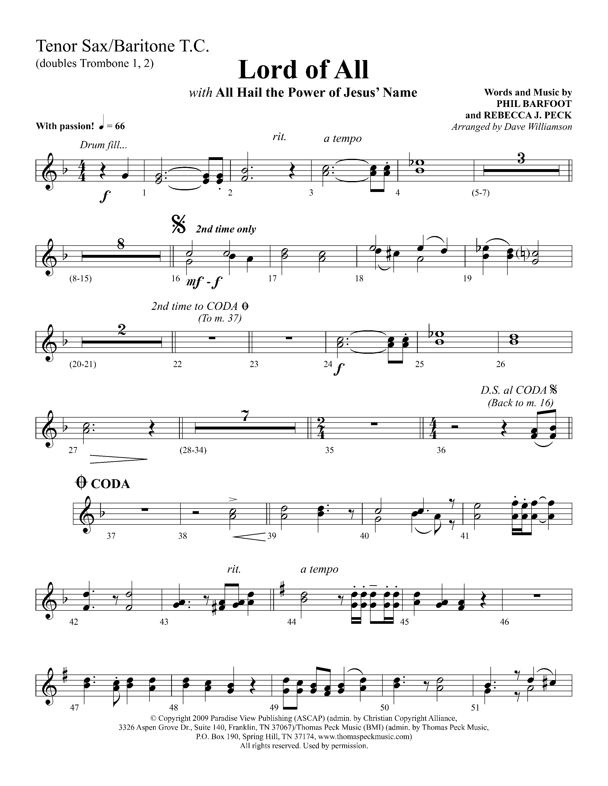 Lord Of All (with All Hail The Power Of Jesus Name) (Choral Anthem SATB) Tenor Sax/Baritone T.C. (Lifeway Choral / Arr. Dave Williamson)