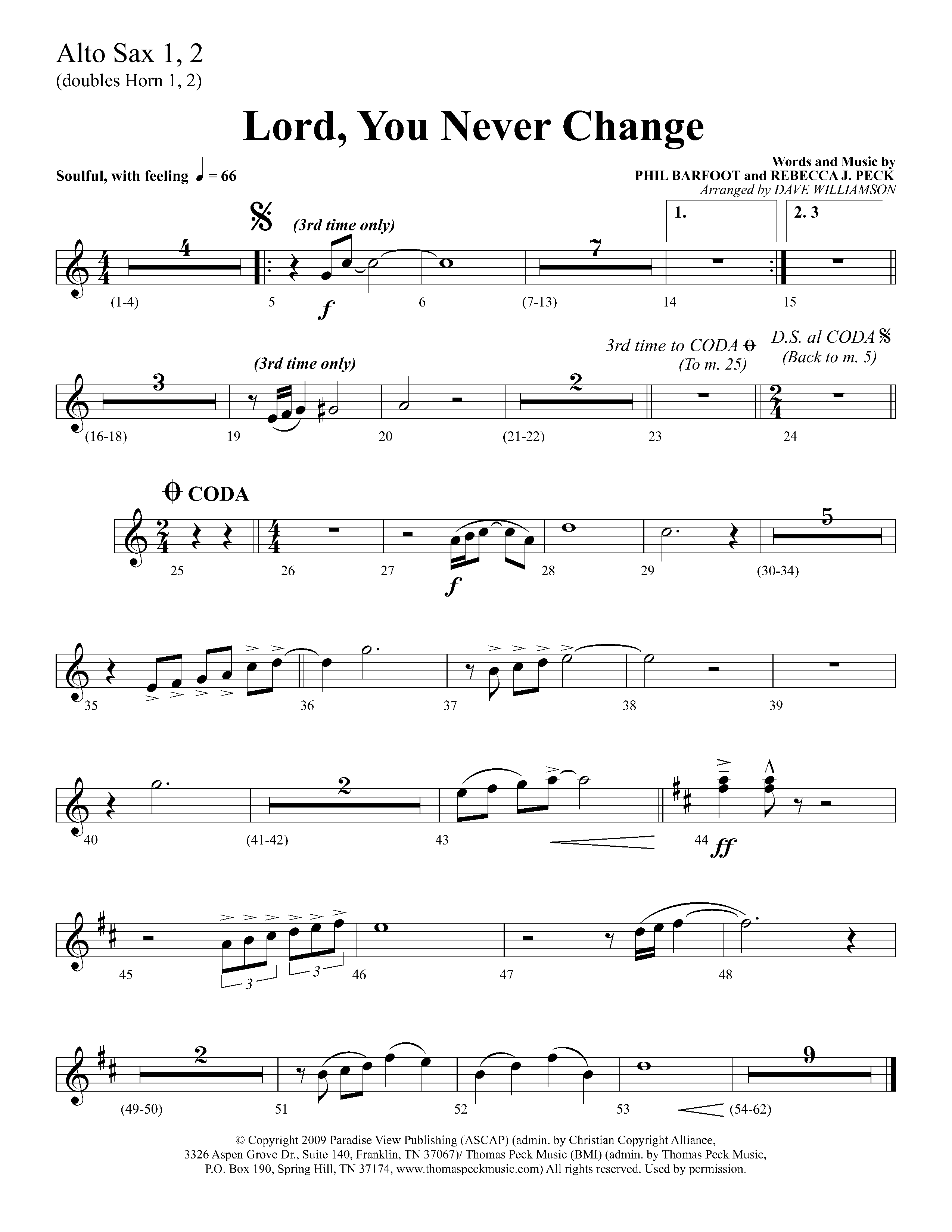 Lord You Never Change (Choral Anthem SATB) Alto Sax 1/2 (Lifeway Choral / Arr. Dave Williamson)