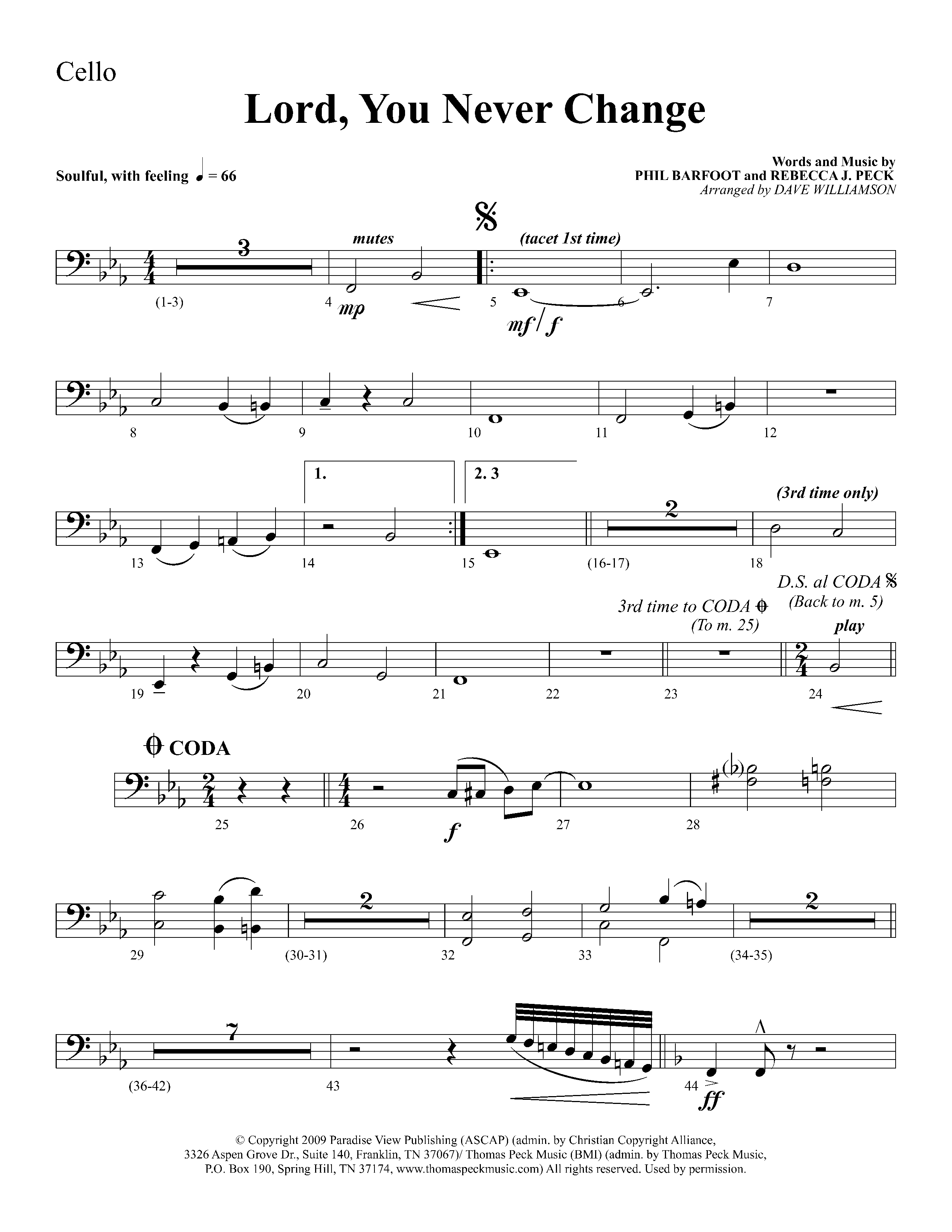Lord You Never Change (Choral Anthem SATB) Cello (Lifeway Choral / Arr. Dave Williamson)