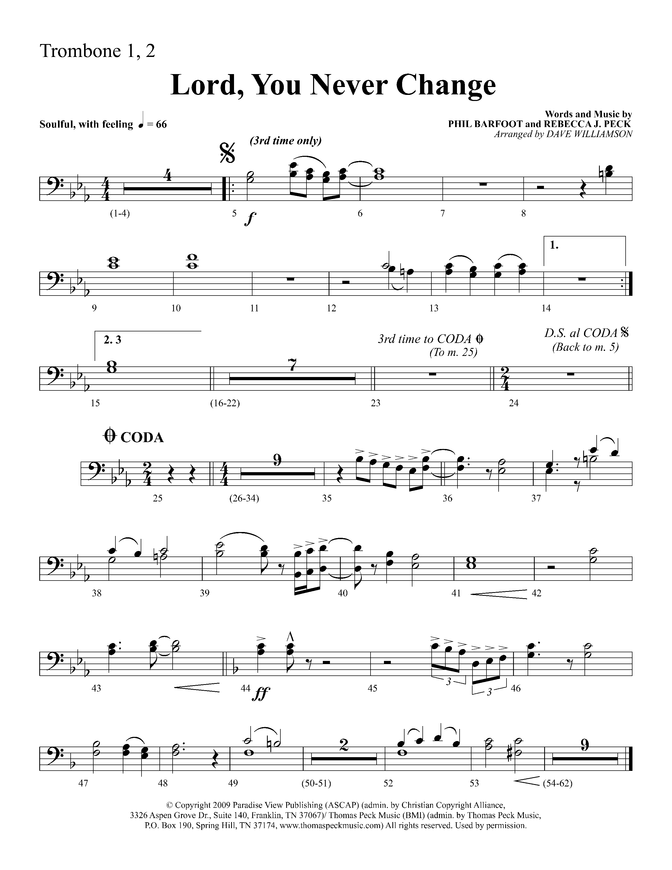 Lord You Never Change (Choral Anthem SATB) Trombone 1/2 (Lifeway Choral / Arr. Dave Williamson)