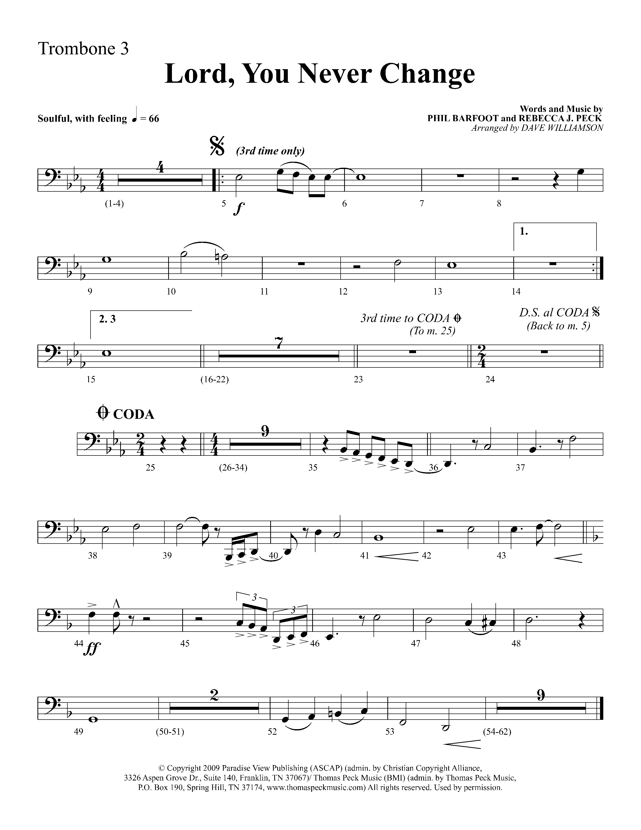 Lord You Never Change (Choral Anthem SATB) Trombone 3 (Lifeway Choral / Arr. Dave Williamson)