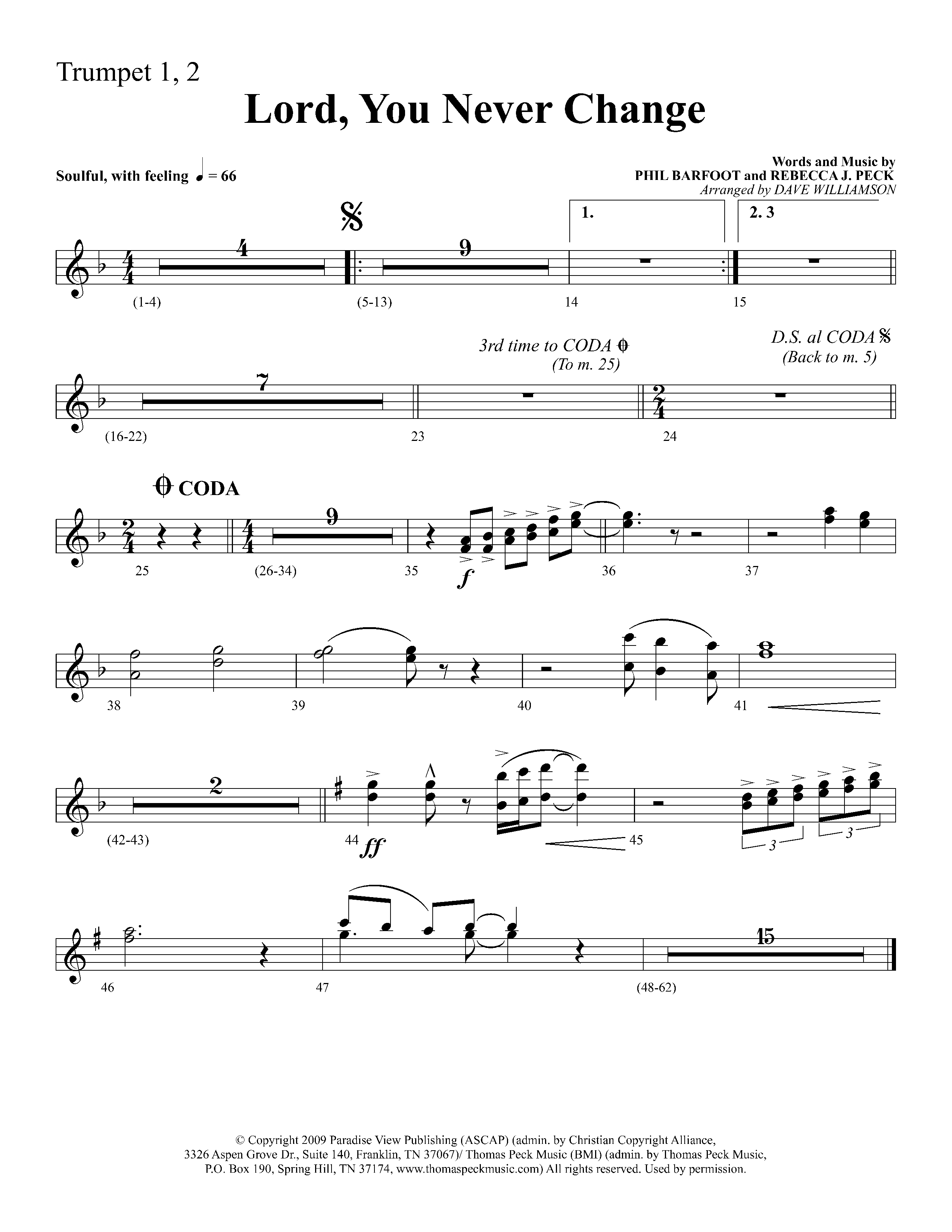 Lord You Never Change (Choral Anthem SATB) Trumpet 1,2 (Lifeway Choral / Arr. Dave Williamson)