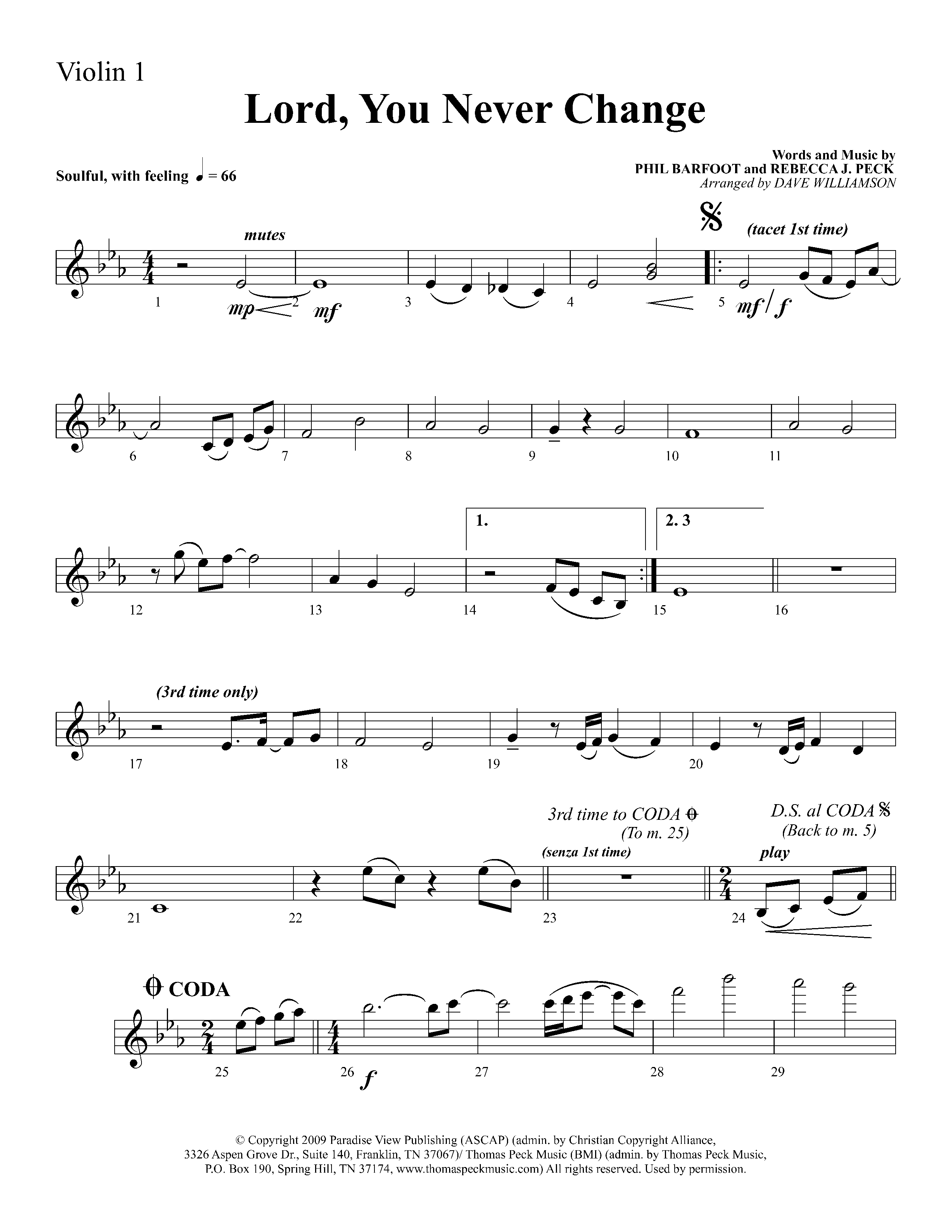 Lord You Never Change (Choral Anthem SATB) Violin 1 (Lifeway Choral / Arr. Dave Williamson)